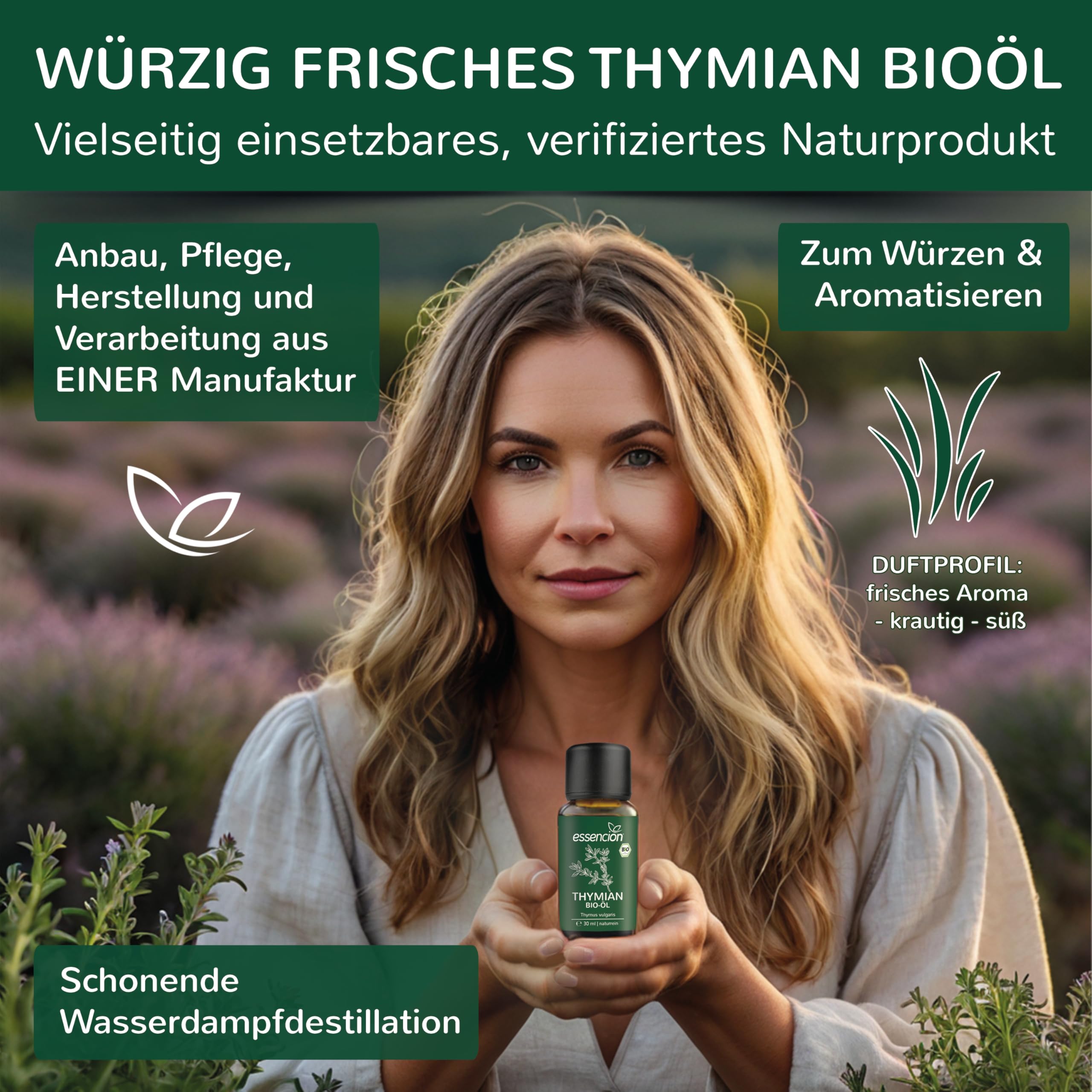 essencion BIO Thymianöl 3 x 30ml | Reines ätherisches Thymian Öl | 100% Naturrein | Ideal für Aromaverteiler, Duftlampe & Massage | Tymiantropfen