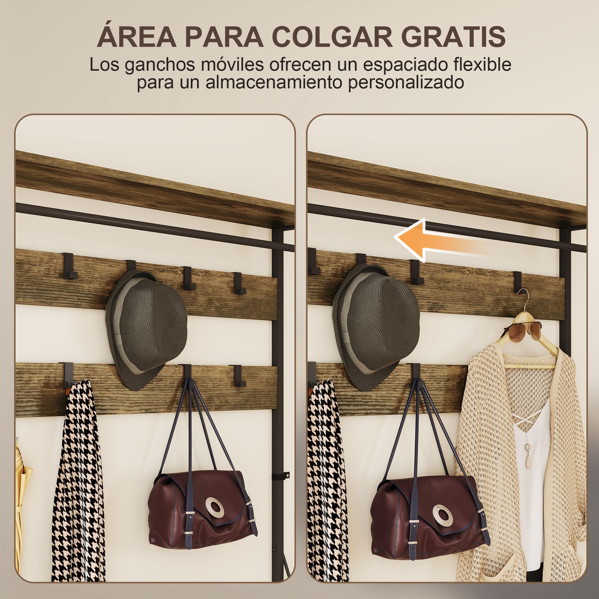 HOMCOM Perchero Zapatero 6 en 1 2 Cajones 100x40x180 cm Marrón Rústico | Perchero Entrada Recibidor, Zapatero Doble, 10 Ganchos Ajustables, Barra Colgante, Estilo Industrial, para Pasillo