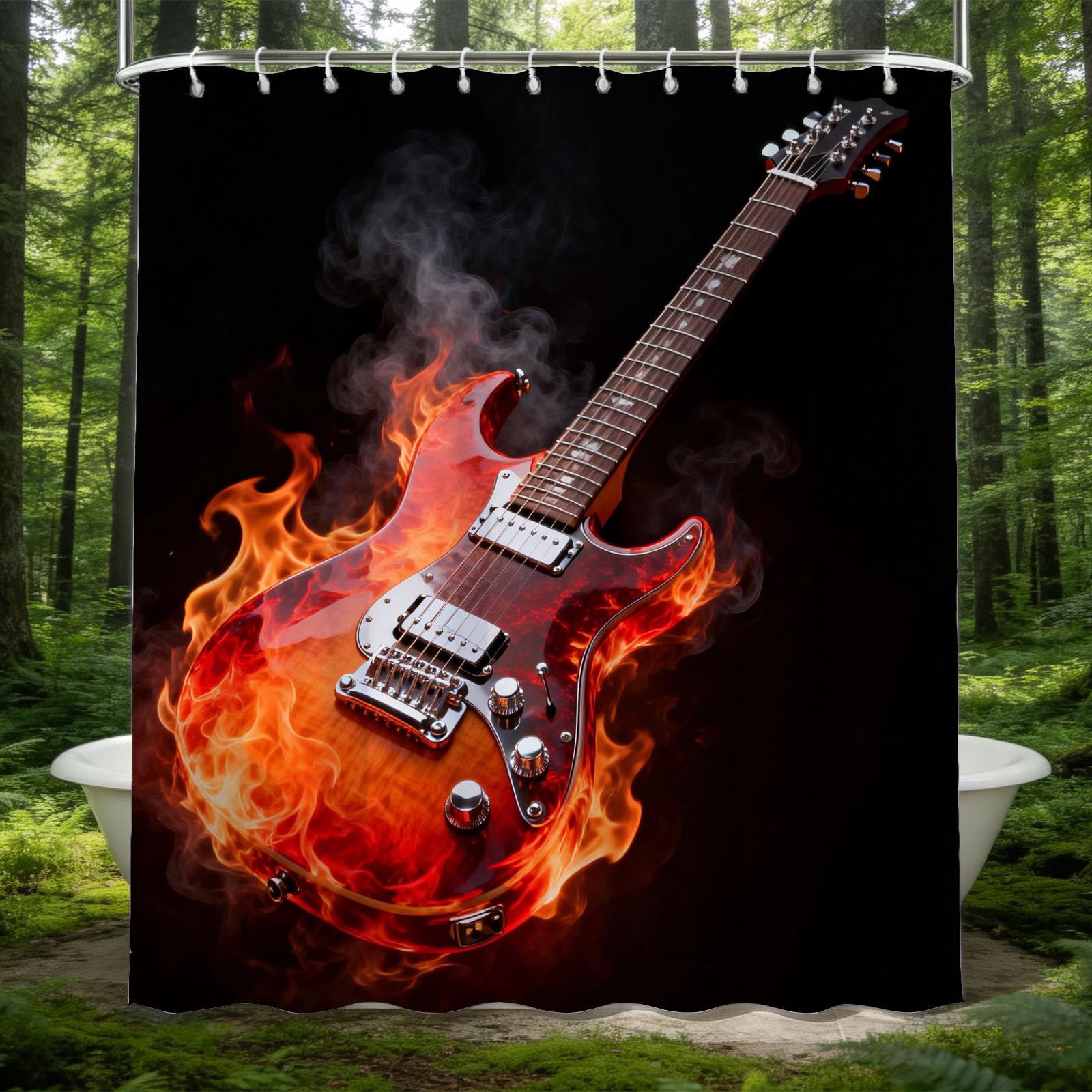 Hongduo 3D Flame Guitar Shower Curtain for Stalls Bathtubs Smoke Bathroom Decor Shower Curtain Set Polyester Fabric Waterproof 180x200cm/71X79 Inch with Hooks