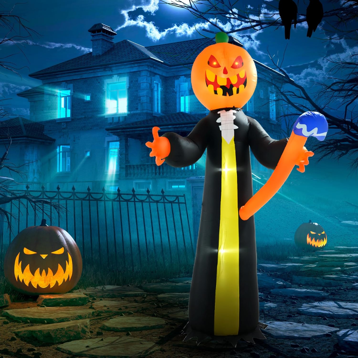Outsunny 10ft Inflatable Halloween Pumpkin Head Ghost with Hammer, Blow Up Halloween Decoration Outdoor LED Yard Display, Waterproof