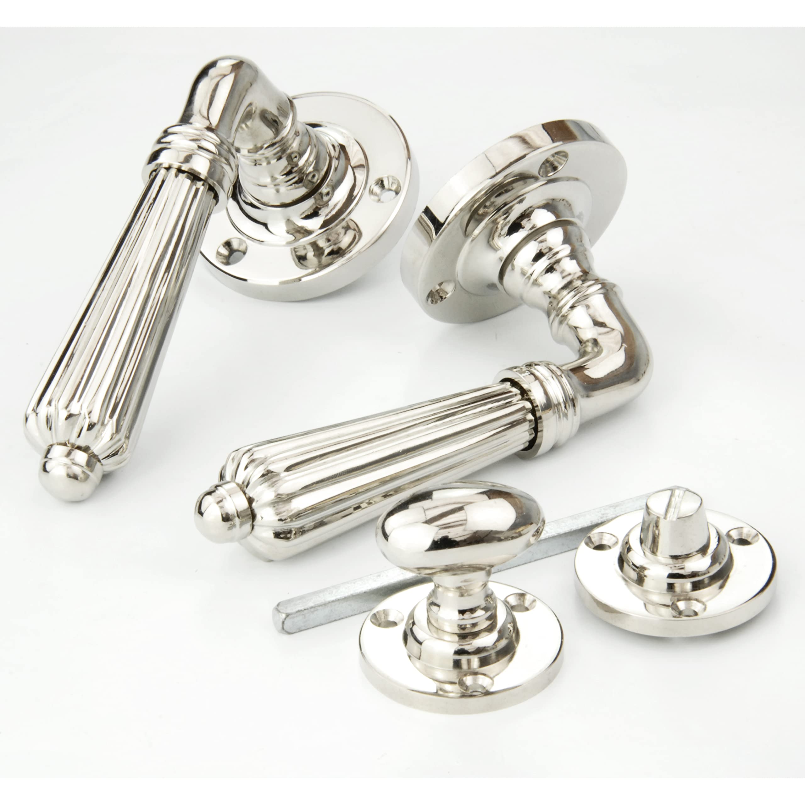 UNDERGROUND PARTS Jones & Grey Regency Reeded Lever Door Handles & Bathroom Thumb Turn Release Polished Brass