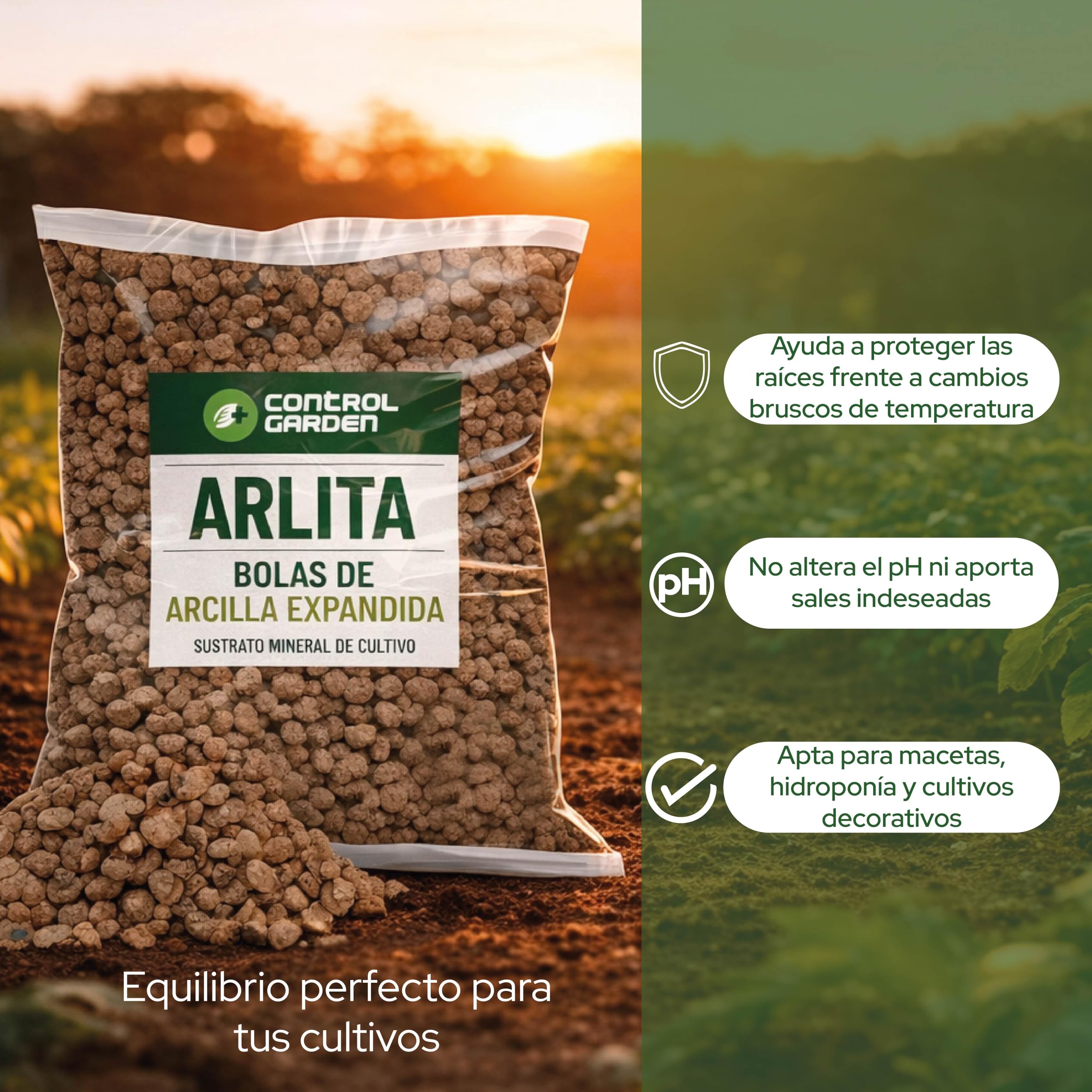 CONTROL GARDEN Arlita 20L | Bolas de Arcilla Expandida | Drenaje para Macetas, Cultivos y Plantas | Fabricado en España