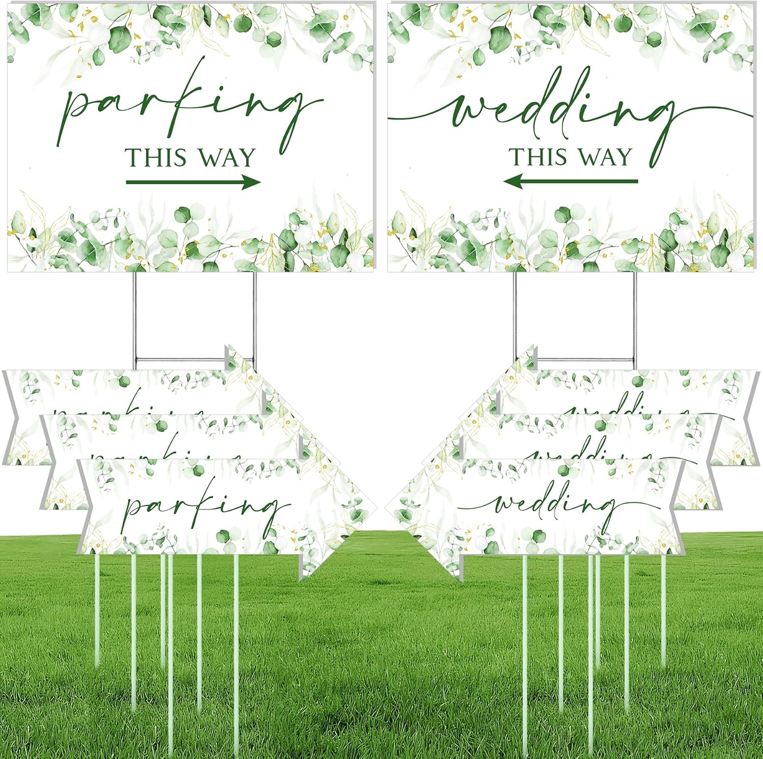 8 Pcs 17 × 8.5" Wedding This Way Directional Parking Signs Road with Stakes Large Double Sided Direction Printed Ceremony Reception Lawn Yard Arrow Sign Exquisite Plastic Rainproof (Green Leaves)