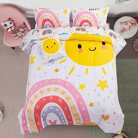 A Nice Night Bedding 6 Pcs Cartoon Rainbow Bedding Set with Smile Sun Printed for Boys Girls Bed Comforter Sets (White, Twin)