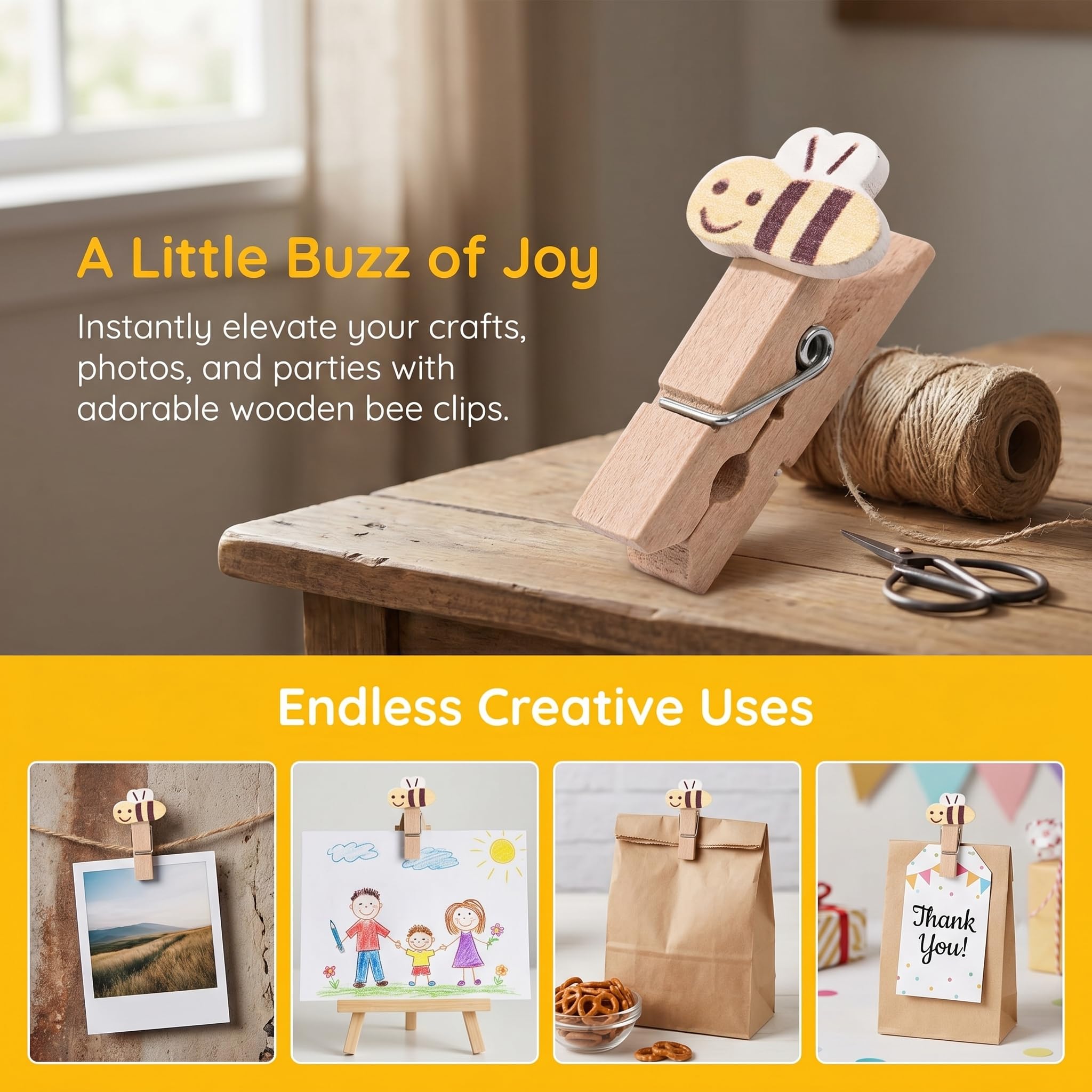 Veemoon Mini-Wäscheklammern aus Holz, Bienenklammern, Beige, Bastelklammern mit Seil, Foto-Display, Babyparty, Partyzubehör, 30 Stück