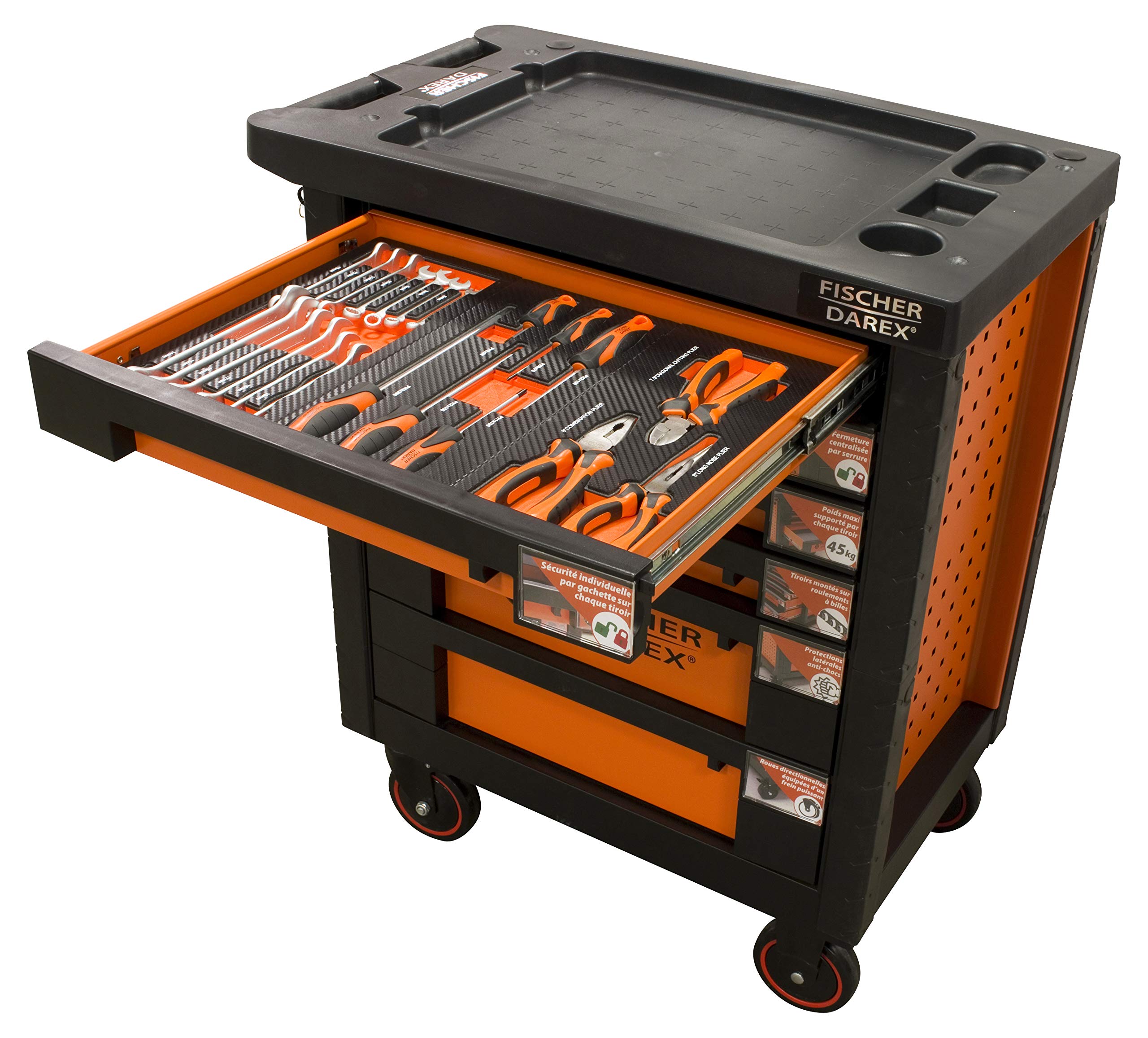 Fischer Darex - Servante d'atelier verrouillable, 6 tiroirs équipés 22 outils clés + pinces + tournevis