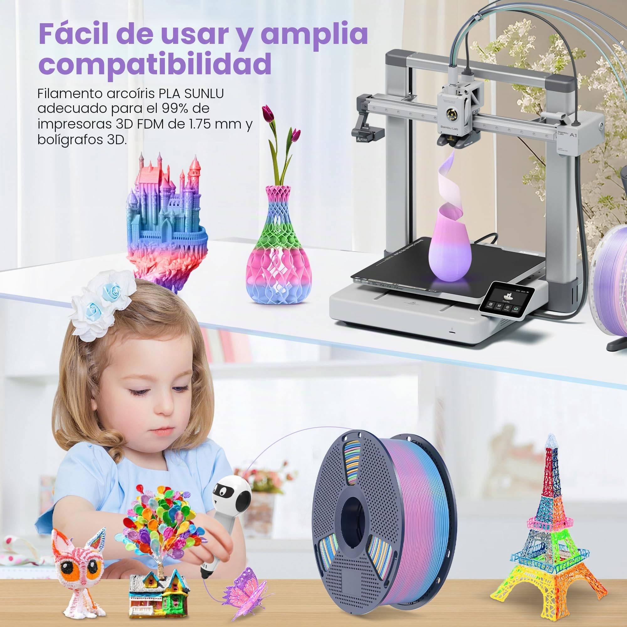 SUNLU Filamento PLA Arcoíris Multicolor Bundle, Filamento PLA con Degradado de Color para Impresora 3D 1,75 mm ±0.02 mm, Peso Total 4KG, 1KG por Carrete, 4 Carretes.