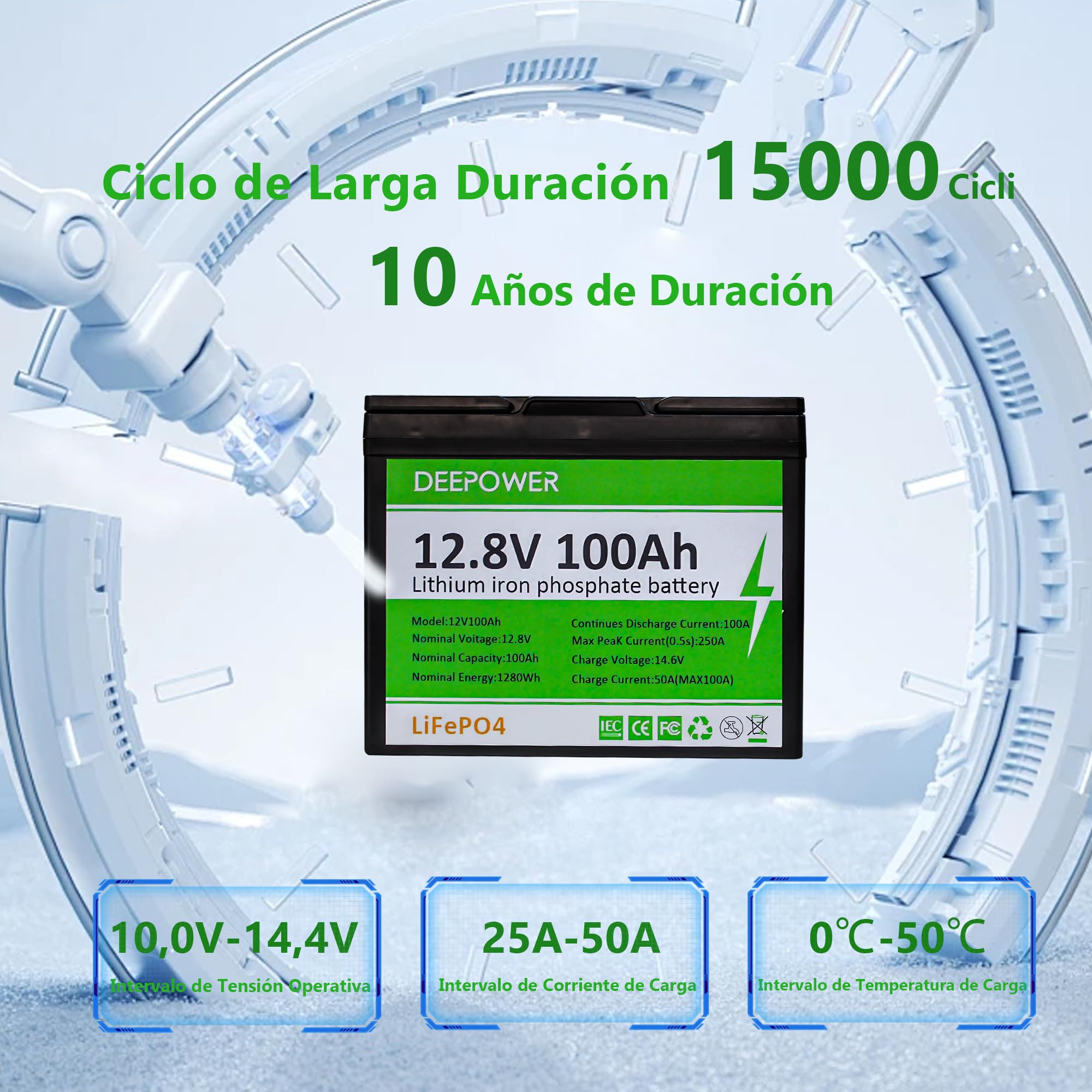 12V100Ah LiFePO4 Batería con Indicadores LED, 15000 Ciclos Profundos, 100A BMS, Celdas de Grado A, 1280Wh Energía, para RV, Camping, Sistemas Solares, Barcos y Off-Grid (12V 100AH LED)