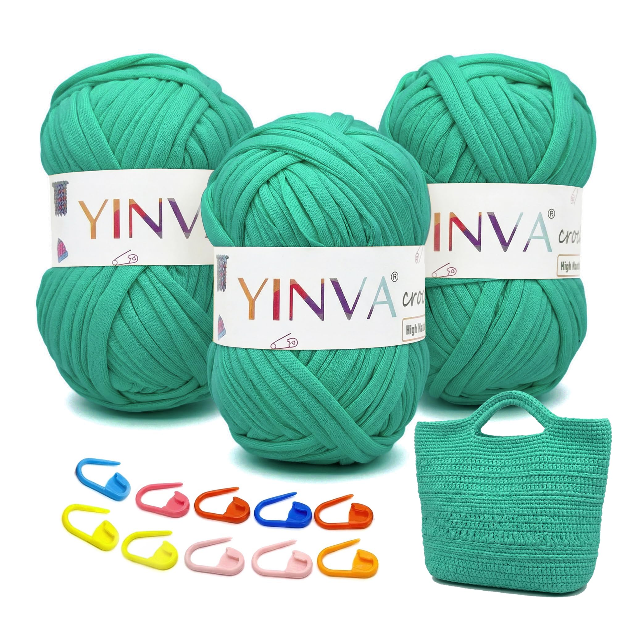YINVA T Shirt Yarn 300g, Tshirt Yarn for Crocheting in Multiple Color, Perfect Relaxing, Rewarding Thick Yarn for Beginners, Soft, Stretchy, Elastic Knitting Yarn with Stitch Markers for Bags, Baskets