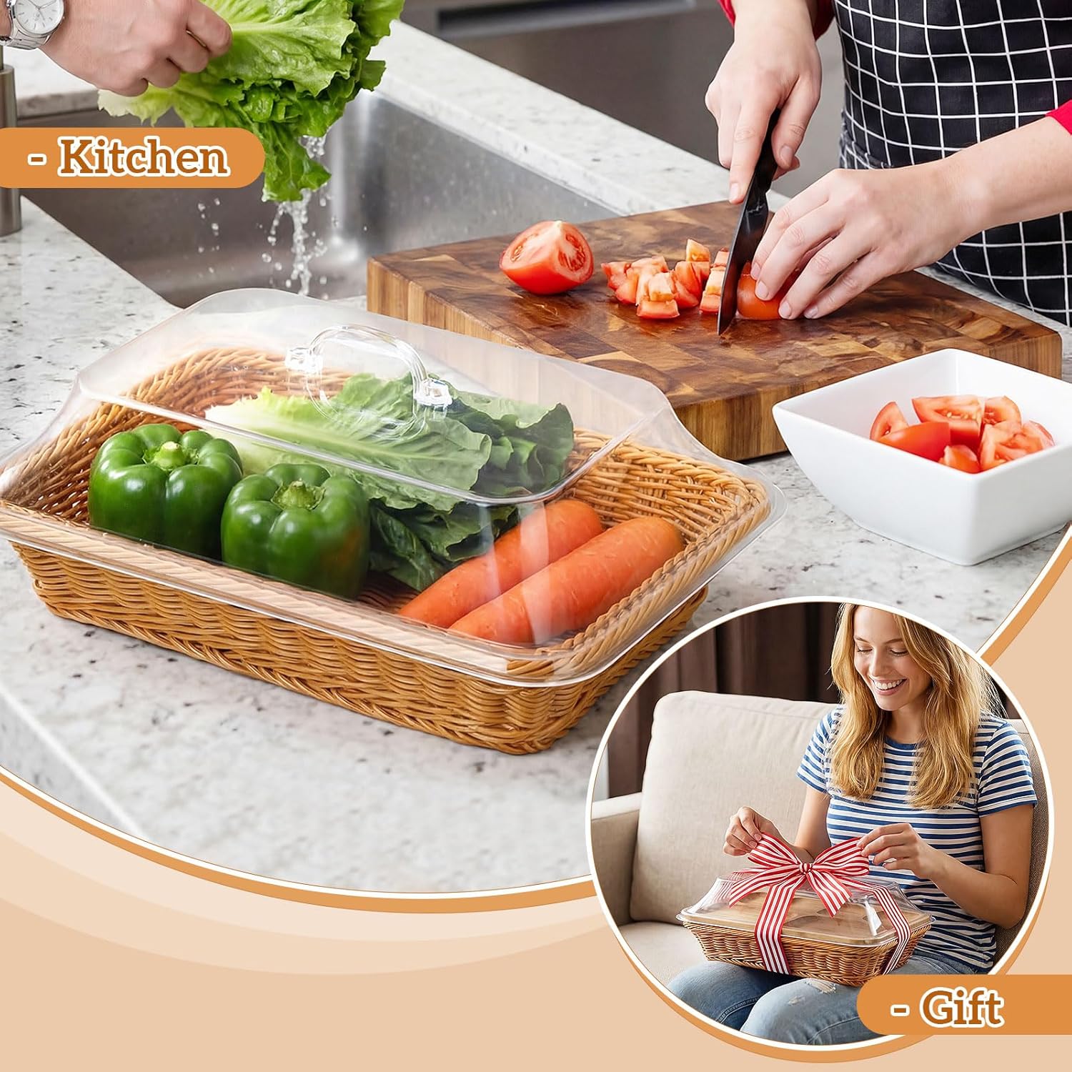 Sliner Large Wicker Bread Basket with Lid Bamboo Snack Plates Bamboo Tray with 6 Compartments and Plastic Tongs 50 Pack Paper Doilies for Bread, Fruit, Snack Candy Display