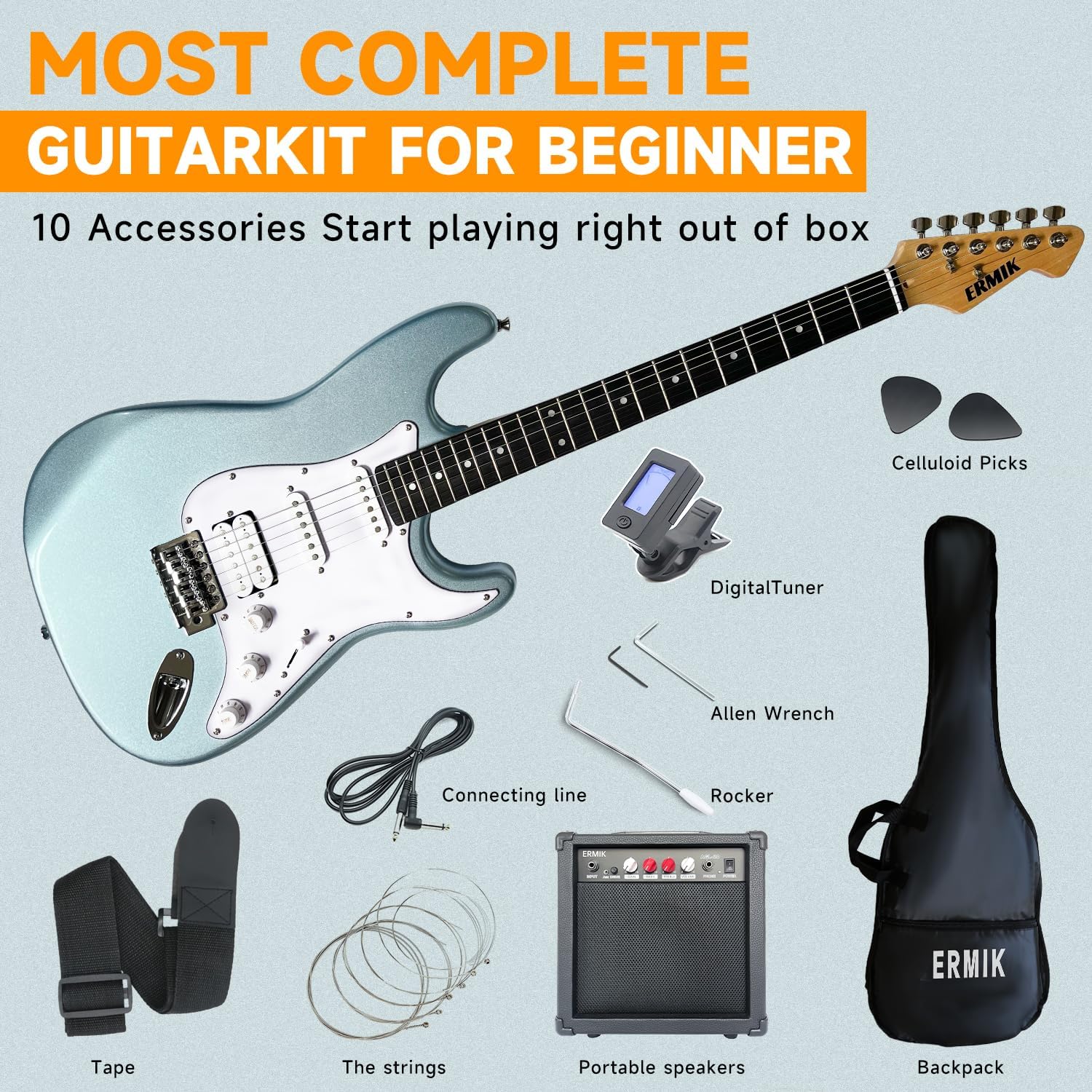 Ermik Soild Body Electric Guitar Kit with Amp 20W, Strings, Strap, Digital Tuner, Picks, Gig Bag, Cable, Tremolo Bar, 39" Full Size Guitar HSS Pickups Guitarra Electrica Beginner Gift