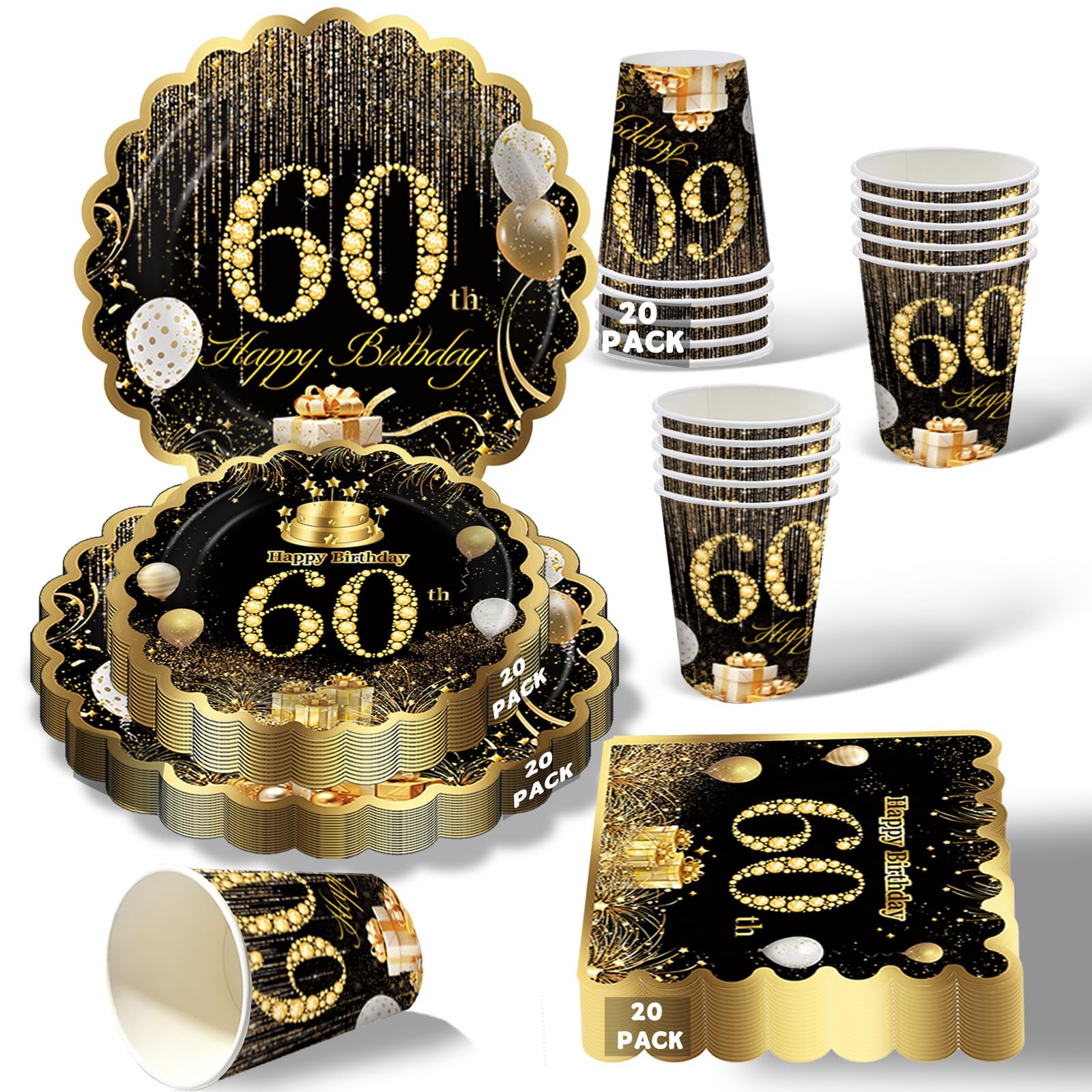 60th Birthday Table Decorations Black and Gold, 80Pcs Black Scalloped Gold Edges Birthday Party Tableware Set include 40 Paper Plates and 20 Napkins, 20 Paper Cups for Women Men 60th Party Supplies