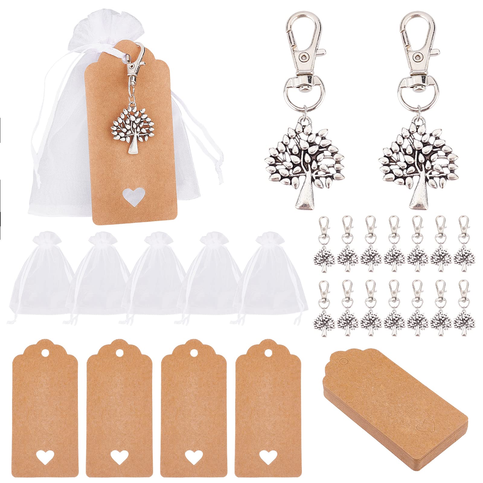 24 Ensembles Sacs Cadeaux Avec Porte-clés Arbre De Vie – Sac En Organza + étiquette Vierge – Pour Mariage, Noël, Anniversaire – Dimensions Sac 12x10 Cm
