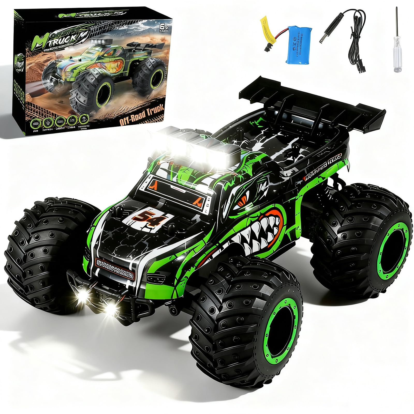 Ufilni Remote Control Monster Truck for Kids: Off-Road RC Car with Headlights & Body Lights, 1:18, 20 km/h, 2WD, 2.4 GHz, All-Terrain, Rechargeable,