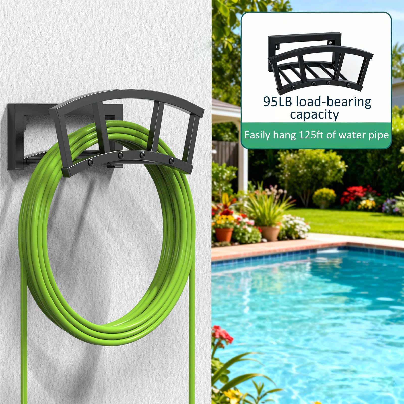 Soporte de manguera de metal resistente para montaje en pared para almacenamiento de 120 pies, soporte de manguera de jardín metálico reforzado con gran capacidad de almacenamiento desarrollado
