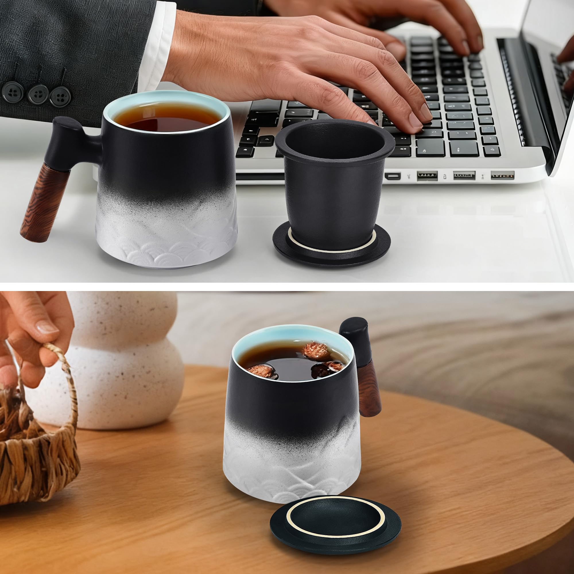 Tazza Tisana con Infusore e Coperchio 500ml, Tazze Ceramica con Filtro per Tisane Manico in Legno Regalo (Bianco)