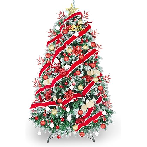 WTOR Christmas Tree 6ft Premium Artificial Hinged with Berries and Decorations - 160pcs Christmas Ornaments and 900 Hinged Branch Tips with Ribbon,Ball,Flower,Leaves and More