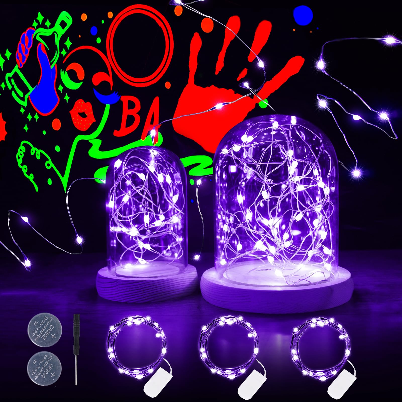 Halloween 3 Stück UV Schwarzlicht Batterie Lichterkette Innen, 2M 20LED UV Lichterkette Lila Kupferdraht für Halloween Weihnachten Malen Sie Einmachglas DIY Papierlaternen Bastel Kürbis kinderzimmer