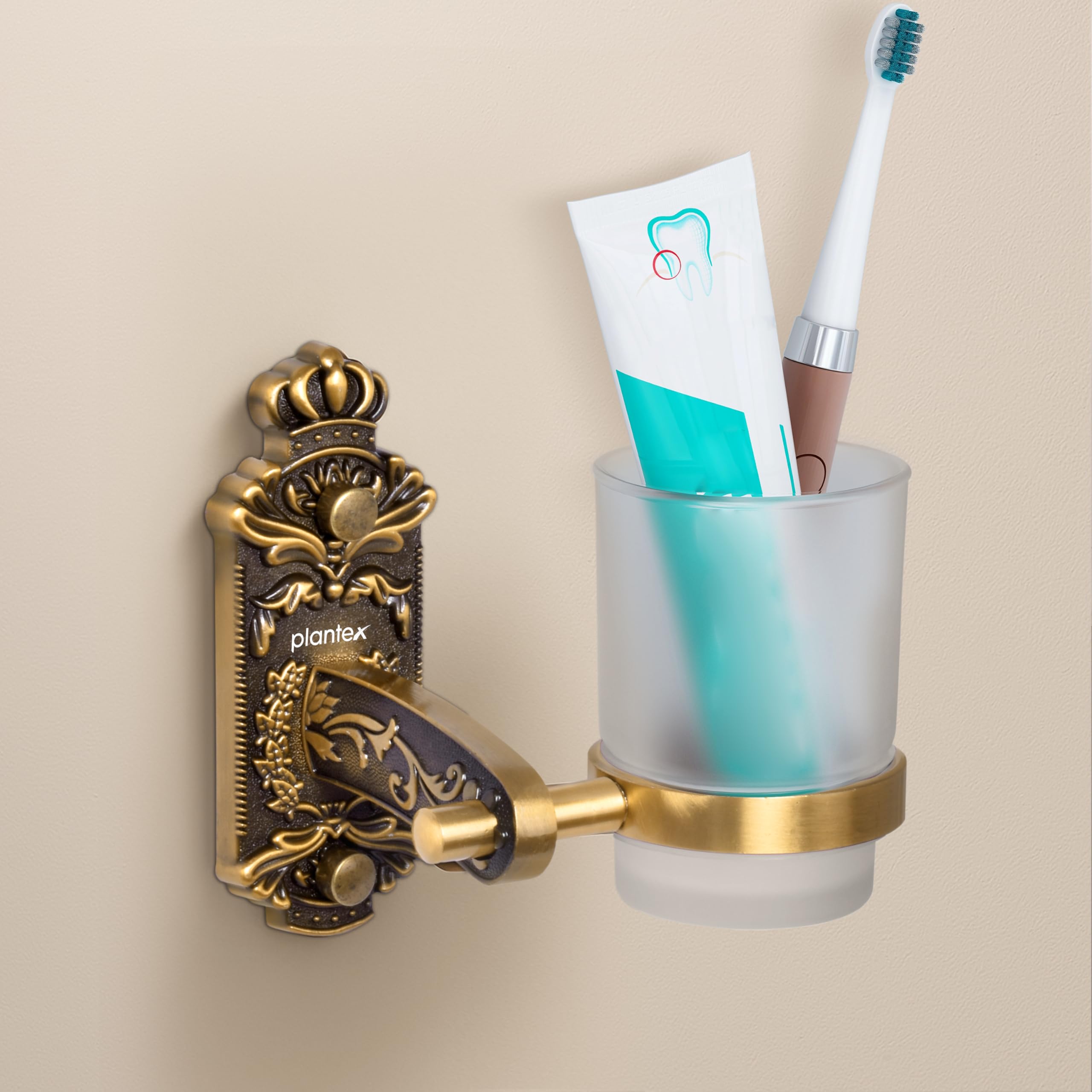 Plantex Antique Aluminium Tumbler Holder/Matt Glass Tooth Brush Stand/Bathroom Accessories - (Brass-Antique)-image-13