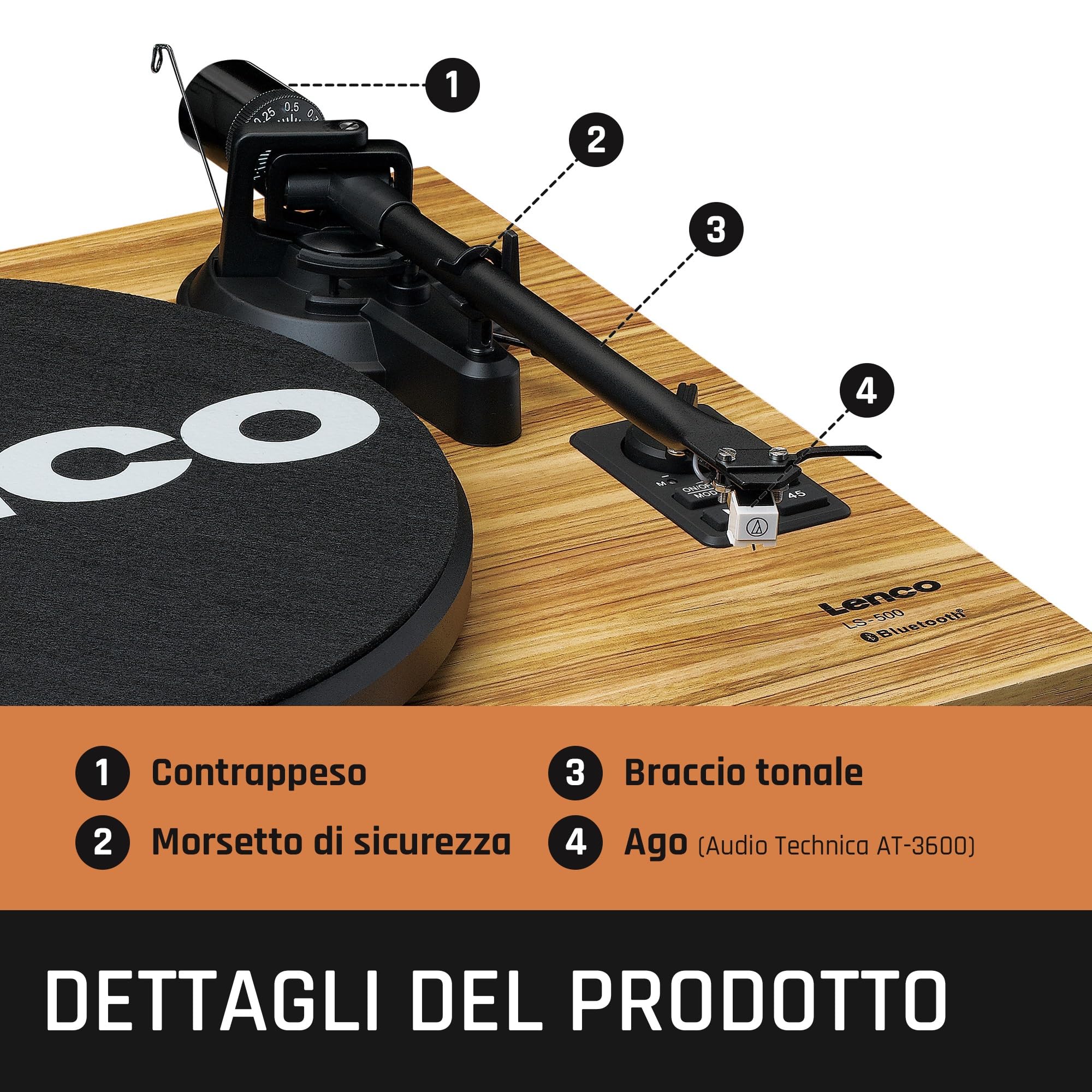 Lenco Giradischi Vinile Stereo con Altoparlanti - Bluetooth - LS-500OK con Trasmissione a Cinghia - Vassoio in Metallo da 280 mm - Preamplificatore - Cartuccia Audio Technica - Legno