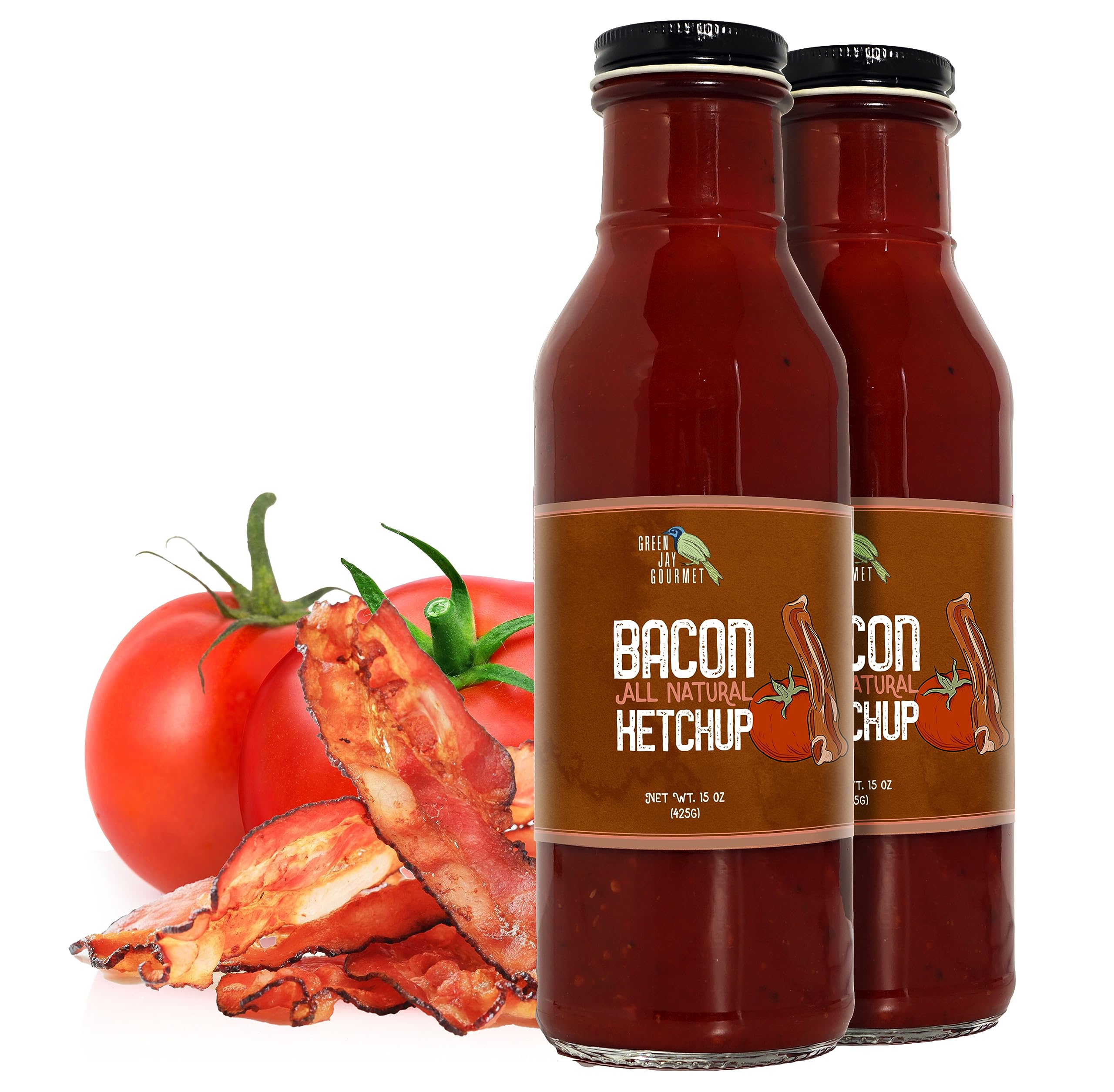 Green Jay Gourmet Bacon Ketchup - All-Natural Tomato Ketchup with Tomato Paste, Real Bacon & Gourmet Spices - Contains No Preservatives, Additives or Corn Syrup - Made in USA - 2 x 15 Ounces