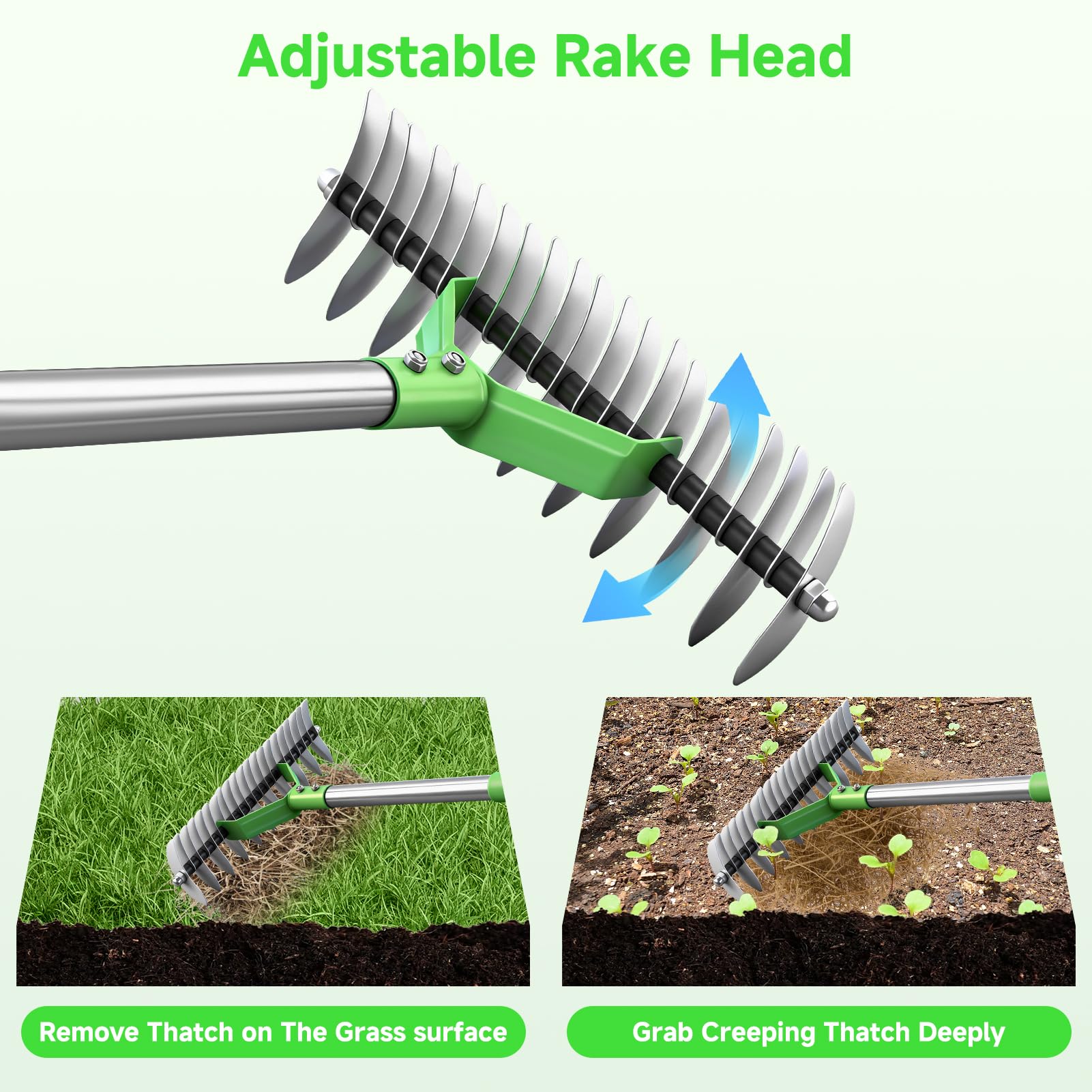 Rastrillo de paja para césped, rastrillos de jardín con mango ajustable de 160 cm con 21 dientes, rastrillo de jardín de 32 cm de ancho, resistente, rastrillos de césped para aflojar el suelo, césped