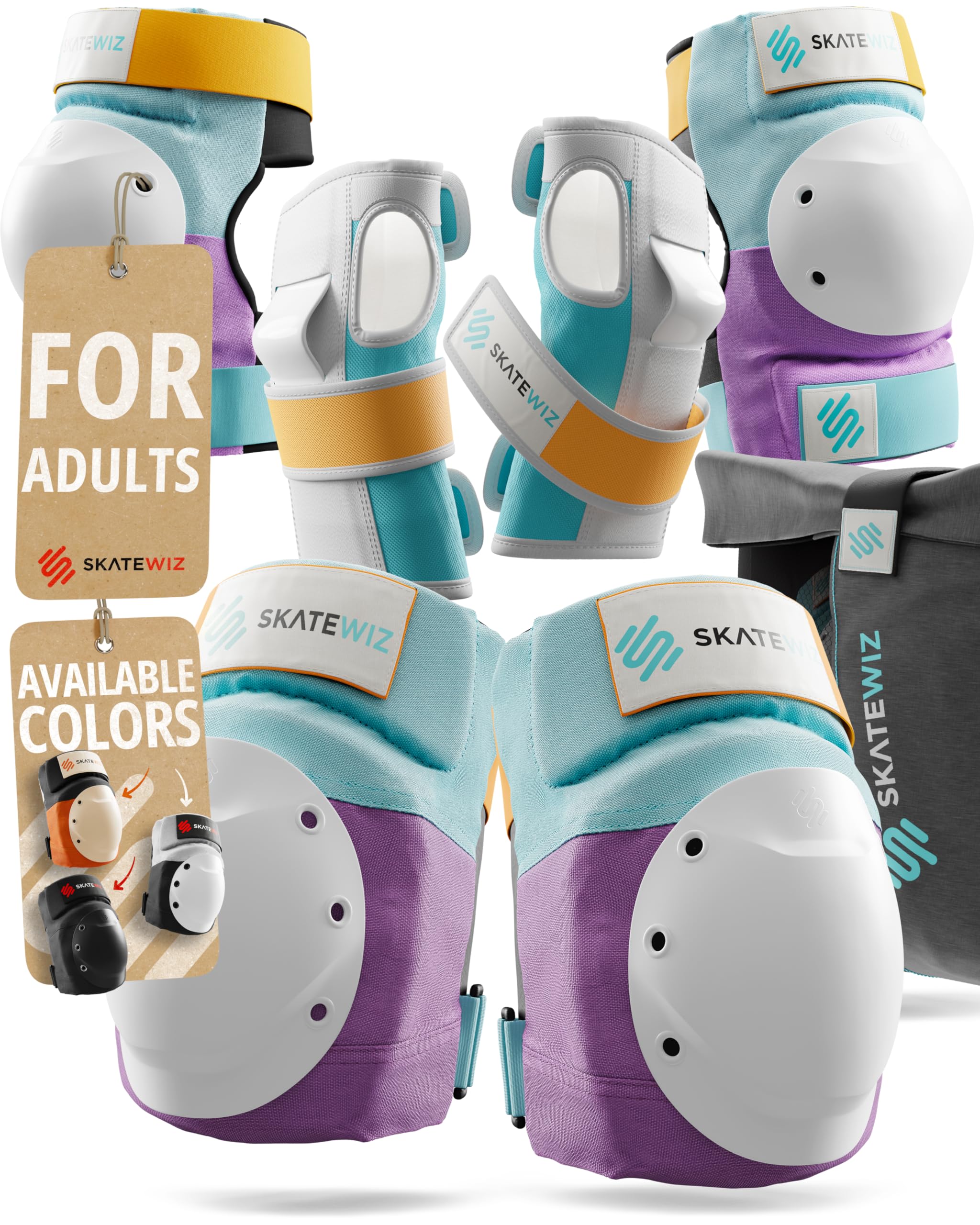 SKATEWIZ Knee and Elbow Pads Adult - Skating Protective Gear - Skate Pads with Wrist Guards - SHIELD - Size L Lavender Blue - Skateboard, Inline Skates, Scooter, BMX