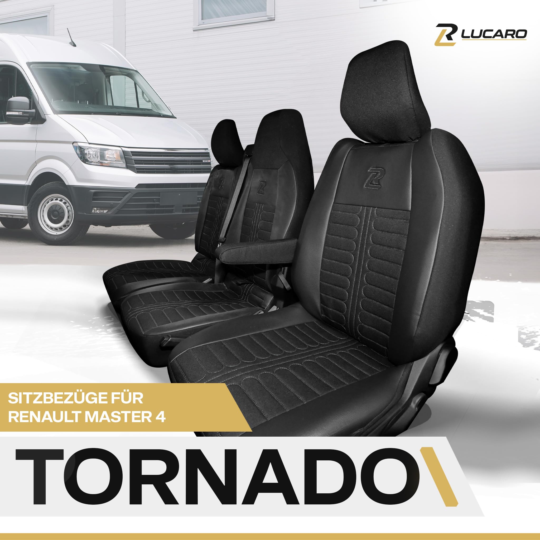 LUCARO Sitzbezüge Auto Set für Renault Master 4, Nissan Interstar 3 Schwarz | Lucaro Sitzbezug Set Zubehör Rückenlehne und Sitzfläche geteilt - TORNADO Schonbezug Autositz Vorne mit Öko-Leder