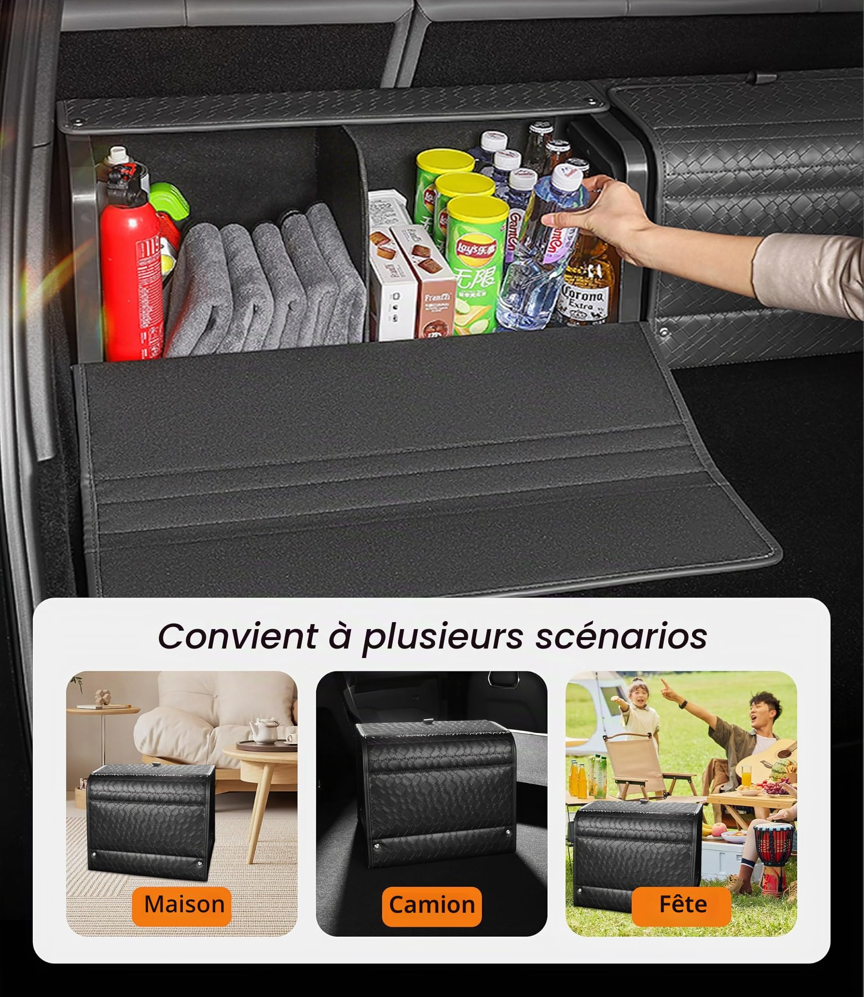 Organisateur de coffre, Boîte de rangement pour voiture, Storagebox en cuir avec couvercle, pliable et réglable, 38 cm (L) x 33 cm (l) x 31,5 cm (H),32,8 litres de capacité (Taille B)