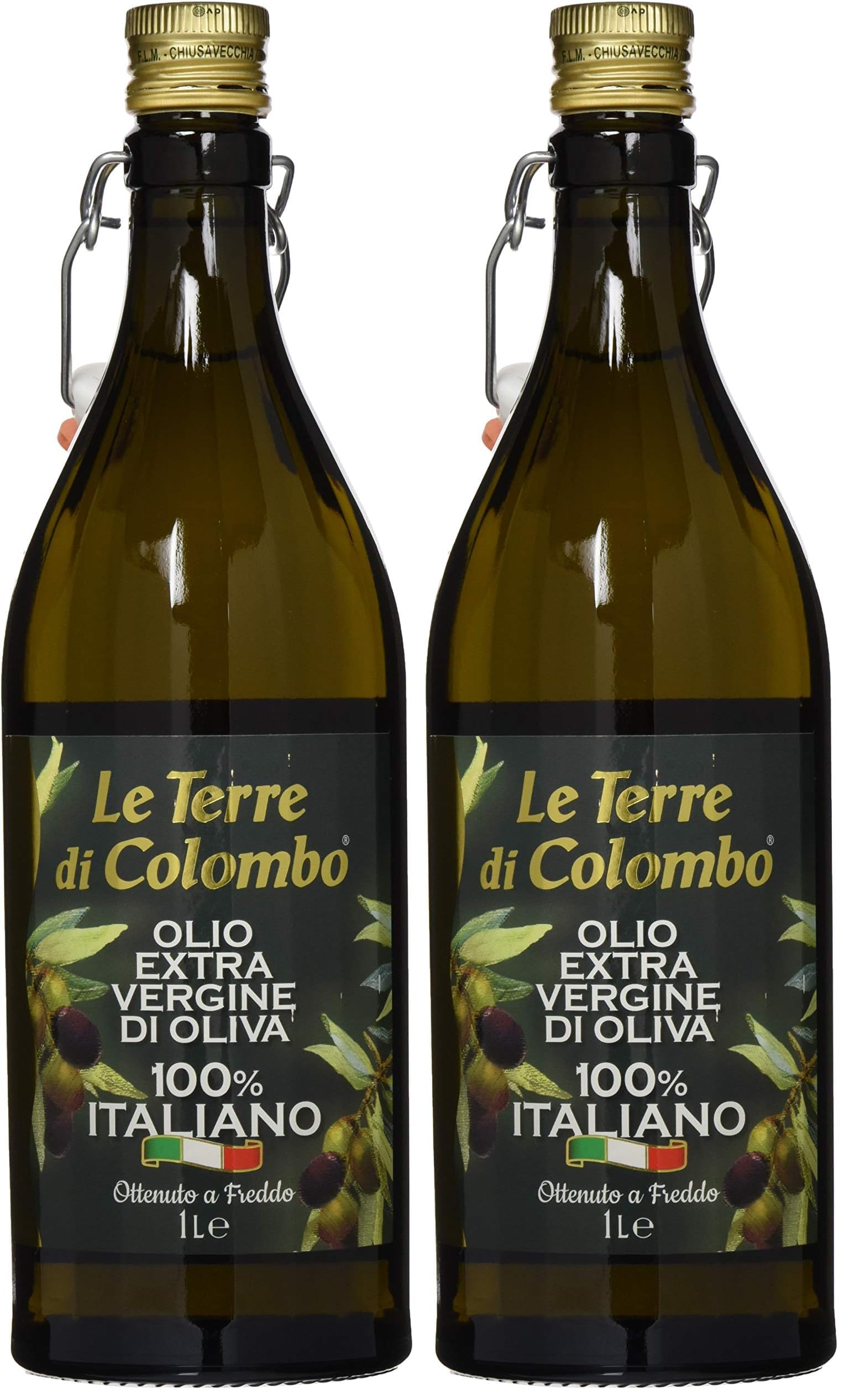 Le Terre di Colombo Aceite de Oliva Virgen Extra 100% Italiano, Botella con Estrías y Tapón Mecánico, 1 L (Paquete de 2)