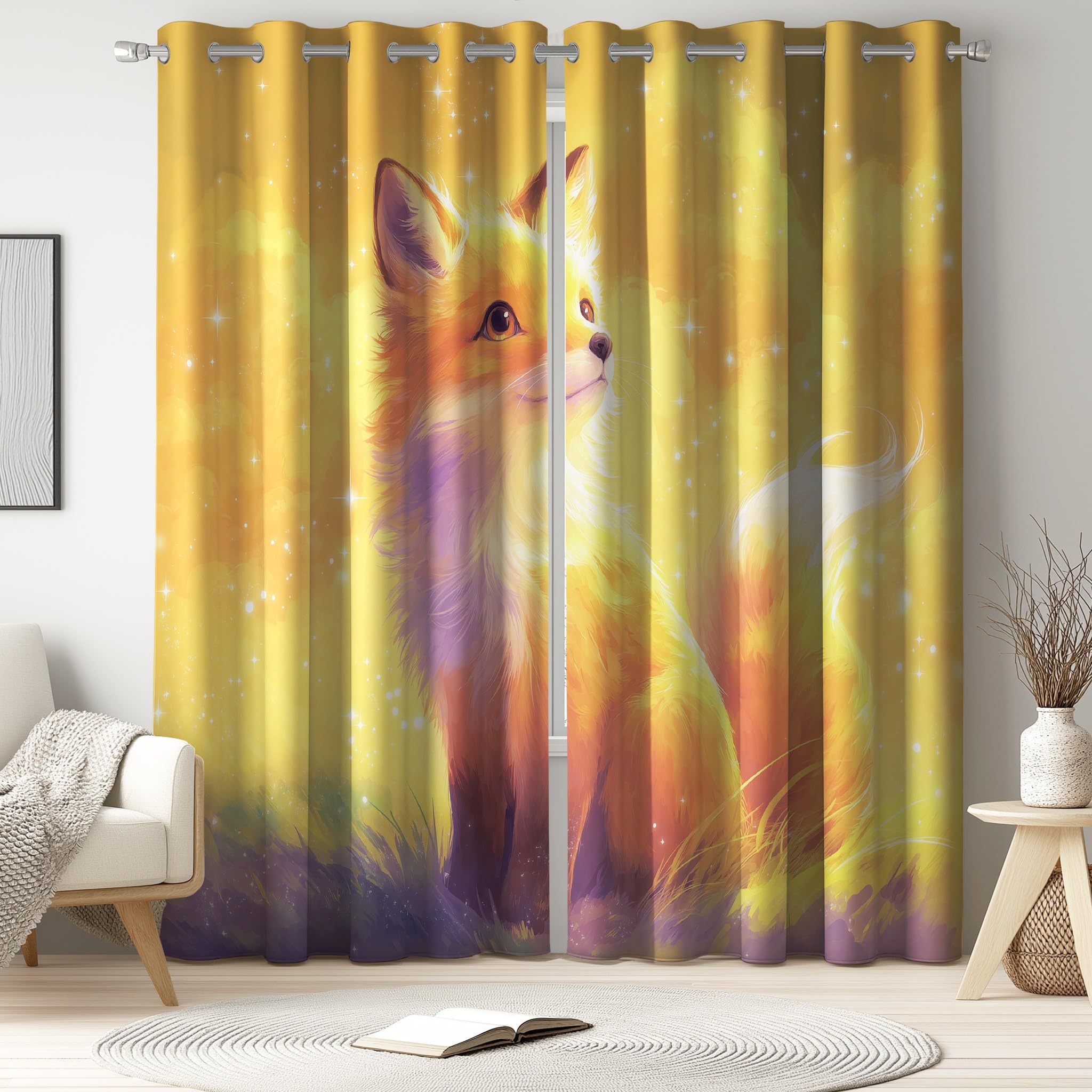 132An x 228Al CM Cortinas filtrantes de luz para Habitaciones Infantiles Dibujo Animado Acuarela Calido Zorro Bolsillo para Barra Cortinas para Vivero Jardín de Infancia 2 Panel Amarillo Morado