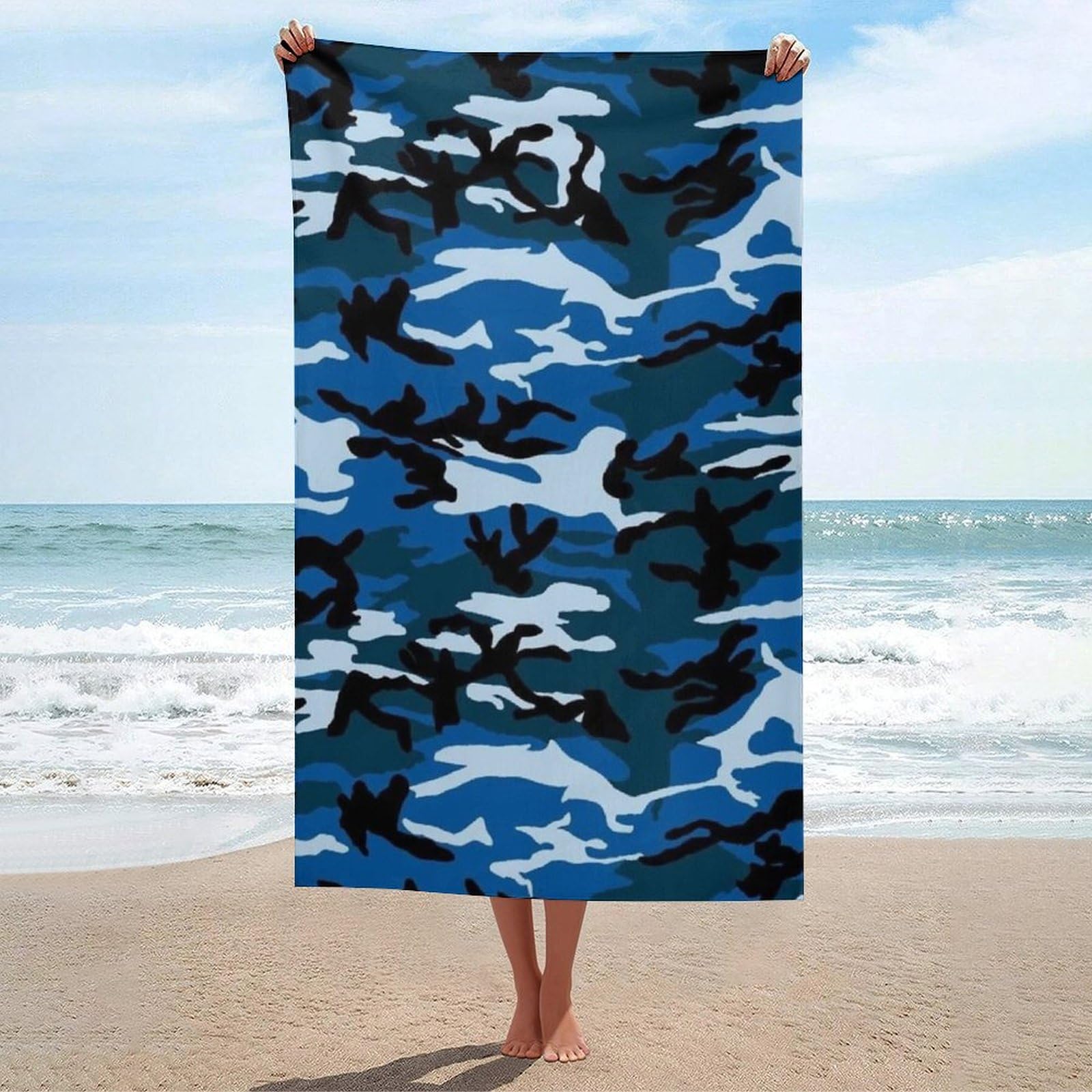 LEDFCVSU Beach Towel, Blue Camo Bath Towel, Absorbent Towel for Swimming, Sports, Travel