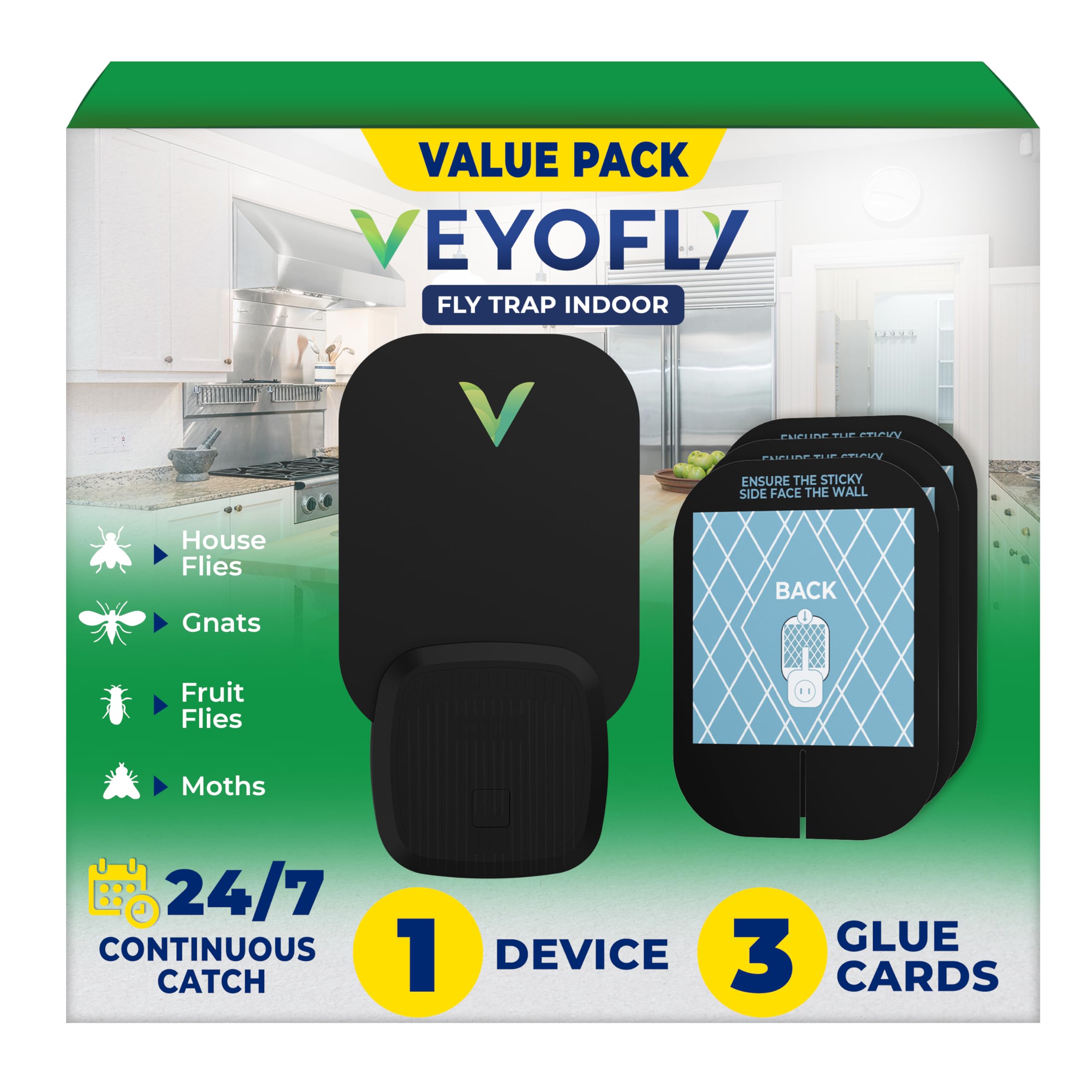 VEYOFLY Fly Trap Indoor, Fruit Fly Traps for Indoor, (1 Device + 3 Refills) Gnat Traps for House, Fly Catcher, Plug in Light Flying Insect Trap, Bug Light Killer, Fly Trap