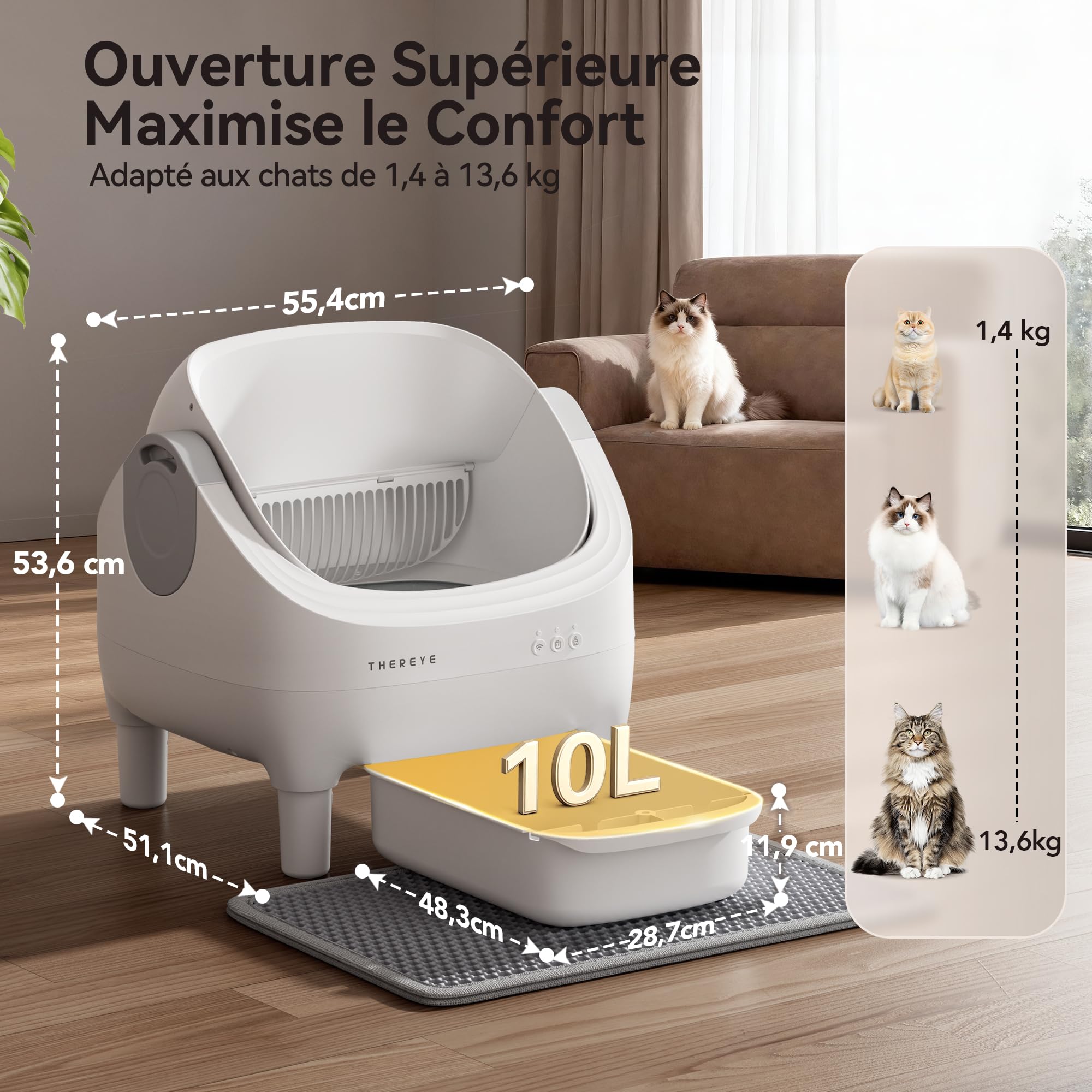 Thereye Bandeja de arena para gatos autolimpiable, diseño abierto, gran capacidad, incluye aplicación para una limpieza rápida y fácil, ideal para hogares con varios gatos (gris)