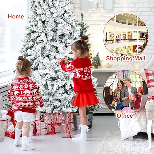 Miniatura 9 de COSTWAY Navidad artificial de 7.5 pies, de PVC de alta calidad, árbol de pino de nieve flocado con soporte de metal sólido, ideal para interiores y