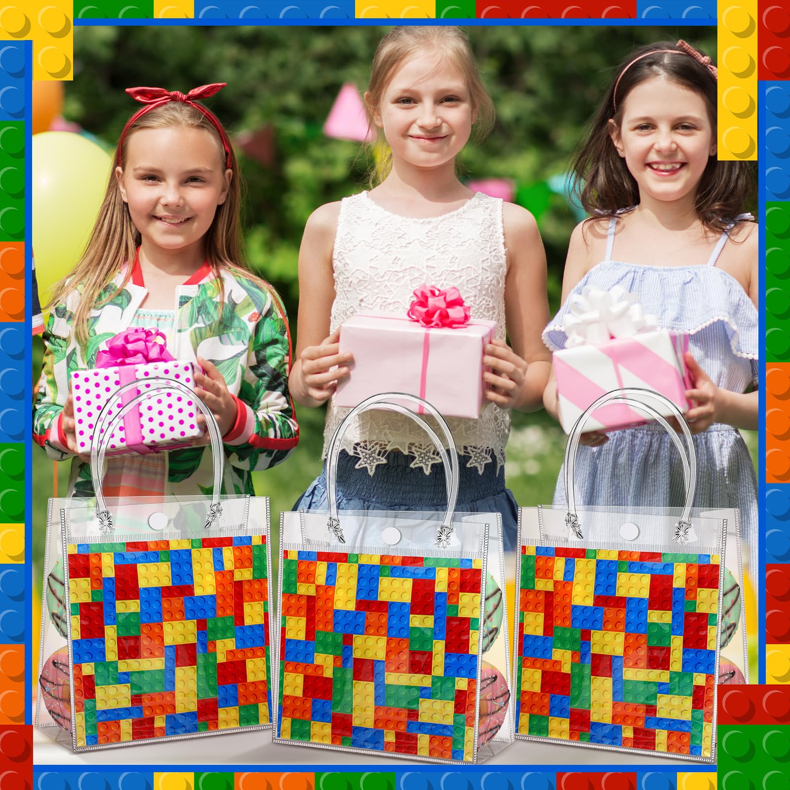 Teenyyou 24 Pcs Building Blocks Party Favors Bags Color Bricks PVC Clear Goodie Candy Treat Tote Gift Bags with Handles Building Blocks Theme Birthday Baby Shower Party Supplies