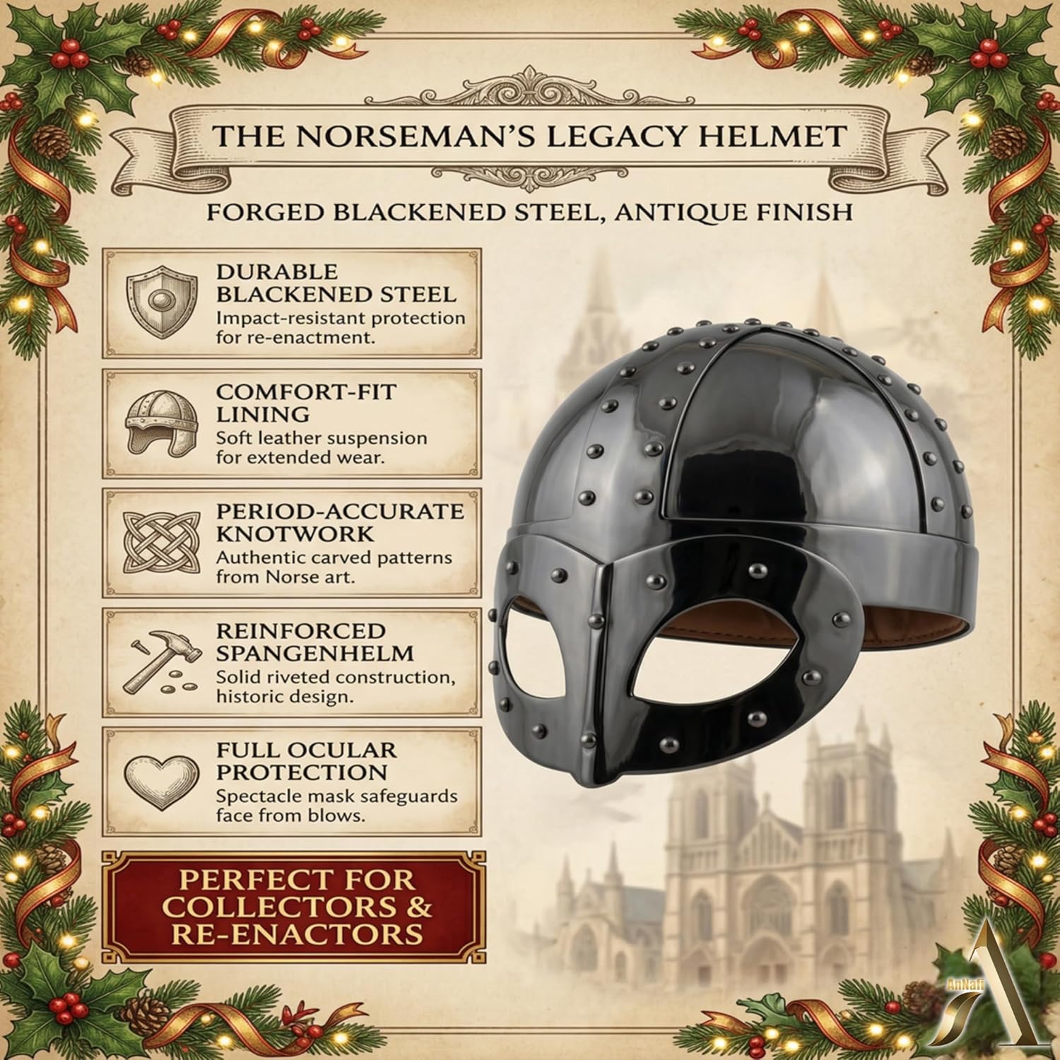 AnNafi® Black Plated Antique Medieval Viking Mask Helmet | Premium Quality Soldier Helm Adult with Liner & Strap | Medieval Costumes Helm Armor SCA LARP Reenactment Cosplat Replica Costume For Men