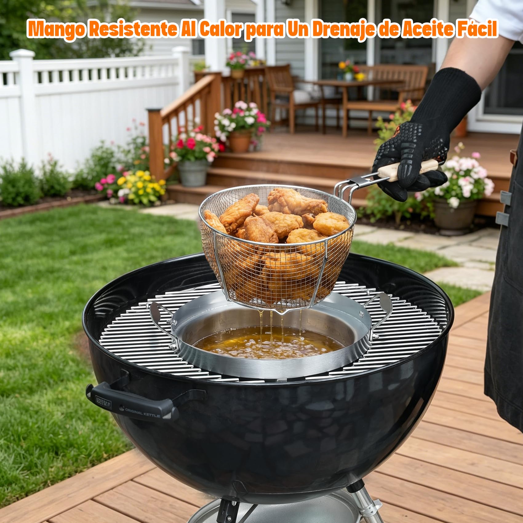 Onlyfire Freidora de Acero Inoxidable para Weber Gourmet BBQ System, Set de Olla y Cesta para Barbacoa de 57 cm, con Mango de Madera Extraíble, Ideal para Patatas Fritas y Alitas