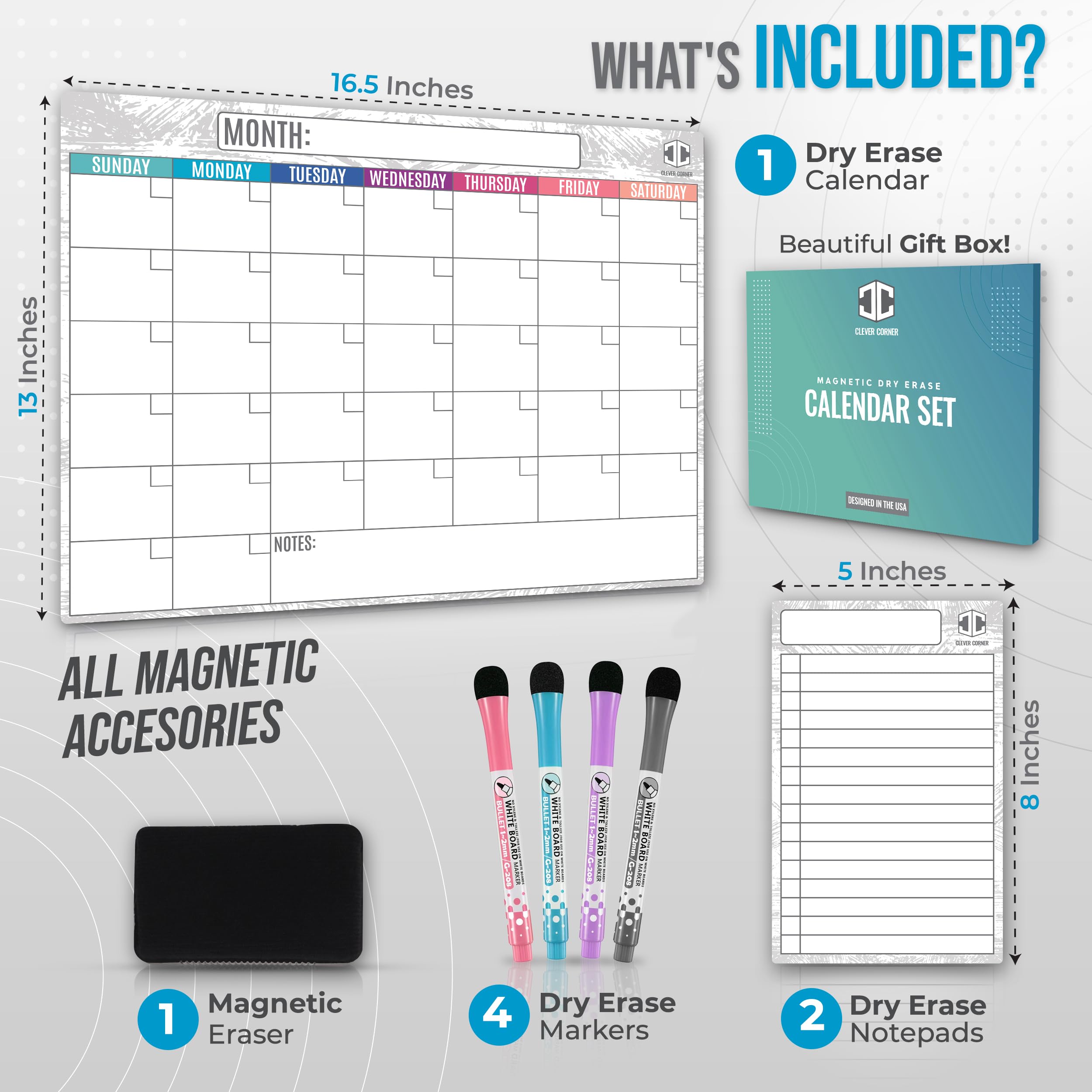 Calendrier magnétique pour réfrigérateur effaçable à sec Concept Corner 41,5 x 33 cm, 2 blocs-notes, 4 marqueurs, gomme – Calendrier magnétique sans taches pour réfrigérateur Blanc moderne