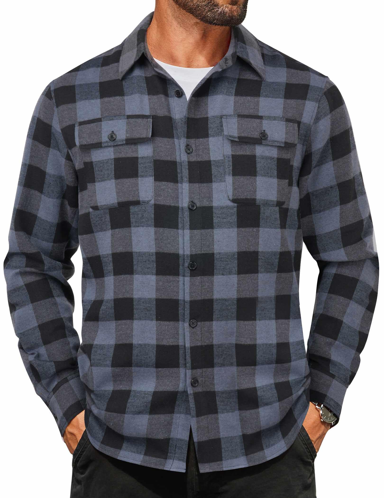 COOFANDY Camicia da uomo in flanella a maniche lunghe, con bottoni, in cotone, casual, da lavoro, con tasche