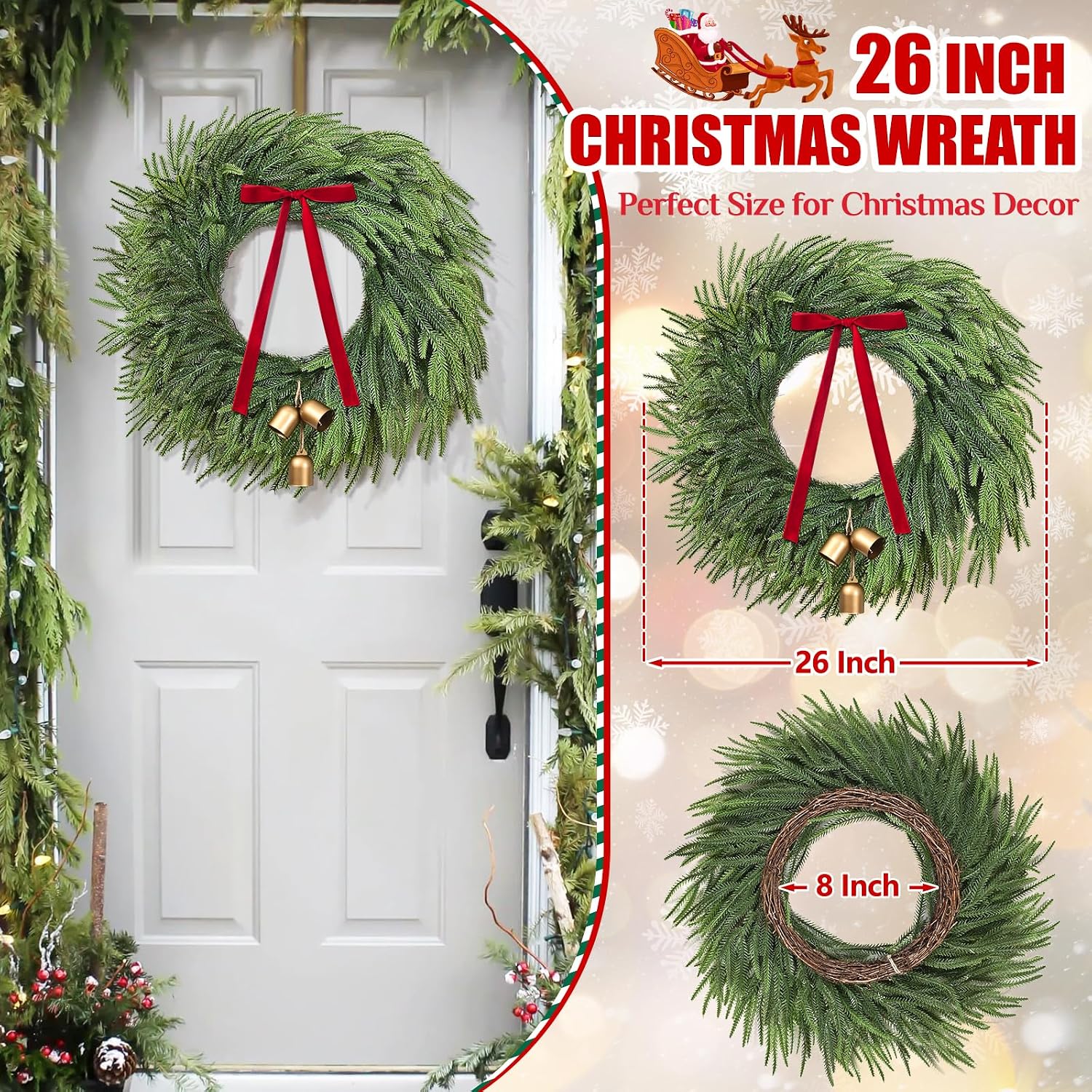 Christmas Wreaths for Front Door - 26 Inch Christmas Wreath with Lights, Real Touch Norfolk Pine Wreath with Cow Bell and Bow for Home Door Window Wall Indoor Outdoor Christmas Decoration