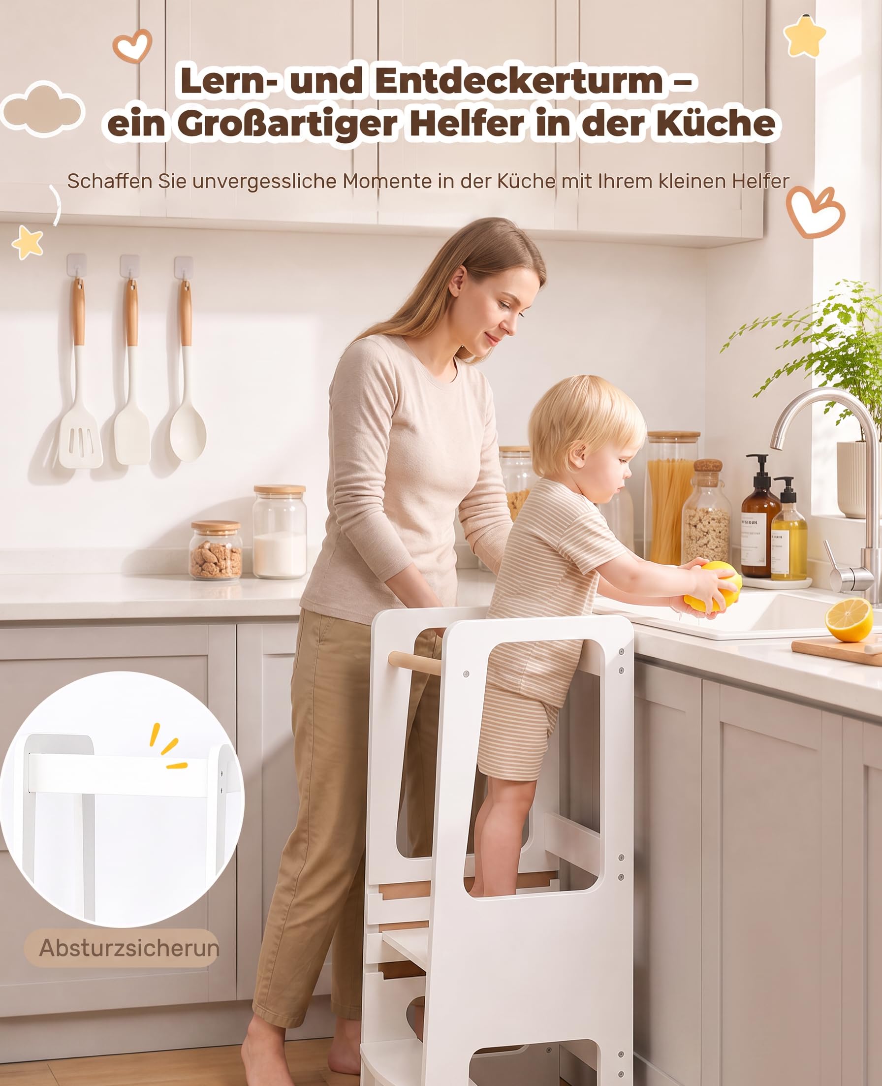 Lernturm ab 1 Jahr Höhenverstellbar, 3‑Fach höhenverstellbar Montessori Learning Tower, Massivholz Küchenhelfer mit Kippschutz, bis 50kg belastbar für Küche Bad Kinderzimmer (Weiß)