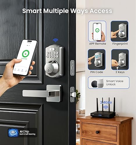 Miniatura 3 de Veise VE012W-L - Cerradura inteligente de huellas dactilares WiFi integrada con juego de manija de palanca, control remoto de aplicación, entrada