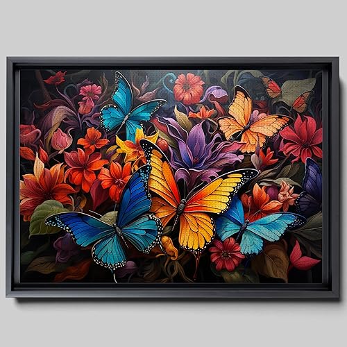 Flourishing Wings, Colorful Butterflies & Floral Wall Art Print, Inspired by Mexico Folk Art, Vibrant Butterfly Home Decor and Tile Artwork, Canvas,