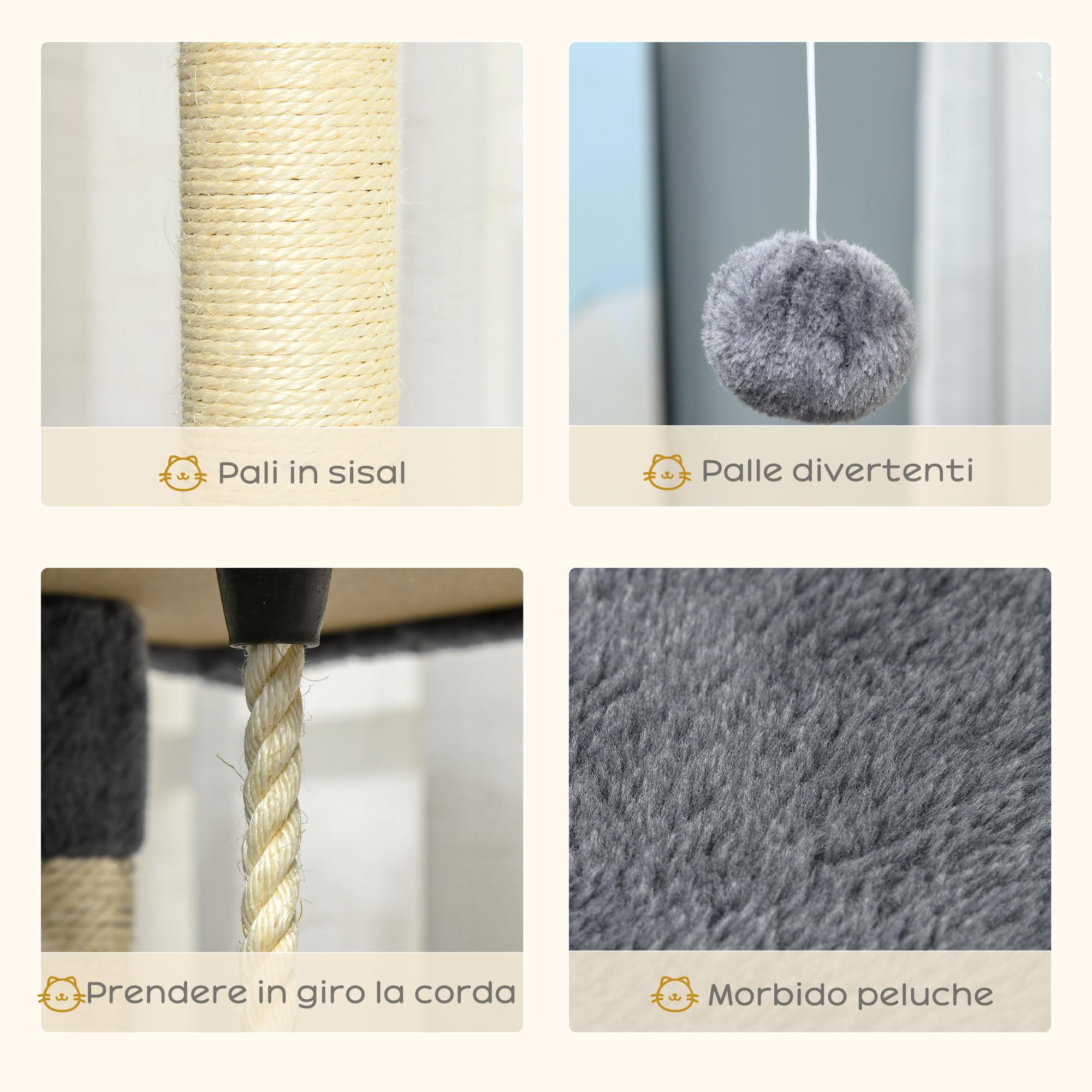 PawHut Albero Tiragraffi per Gatti Alto 200cm 60x60x200cm Grigio Chiaro