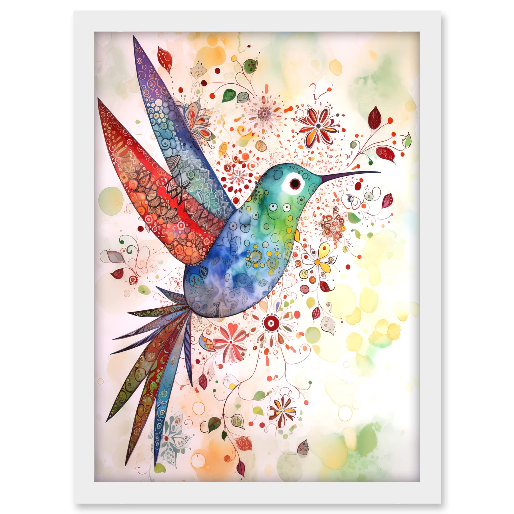 Artery8 Hummingbird With Flower Patterns Folk Art Watercolour Painting Artwork Framed A3 Wall Art Print