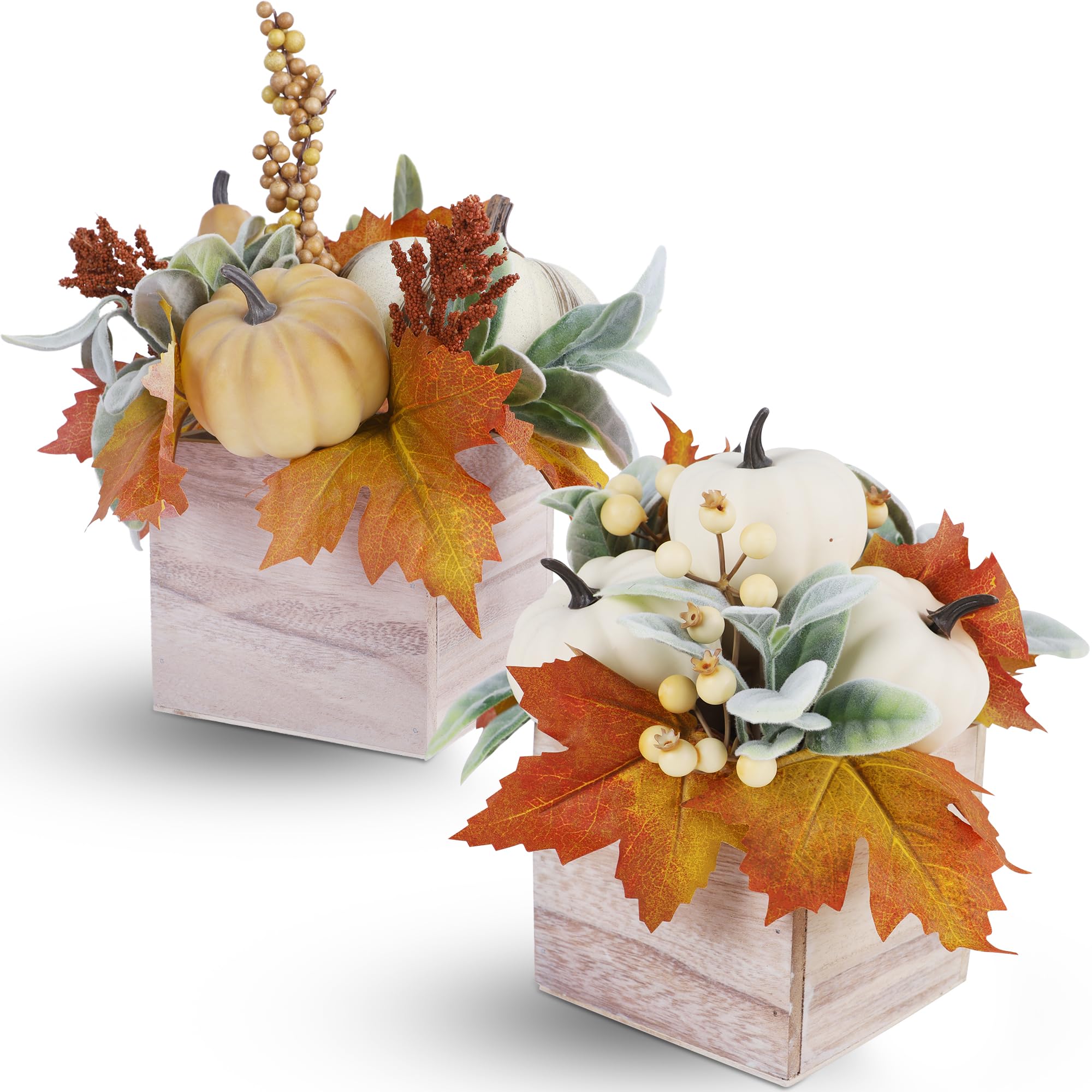 winemana Confezione da 2 decorazioni autunnali per la casa, zucca, zucca, bacche e foglie artificiali in vaso di legno, centrotavola autunnale per sala da pranzo, caminetto, interni