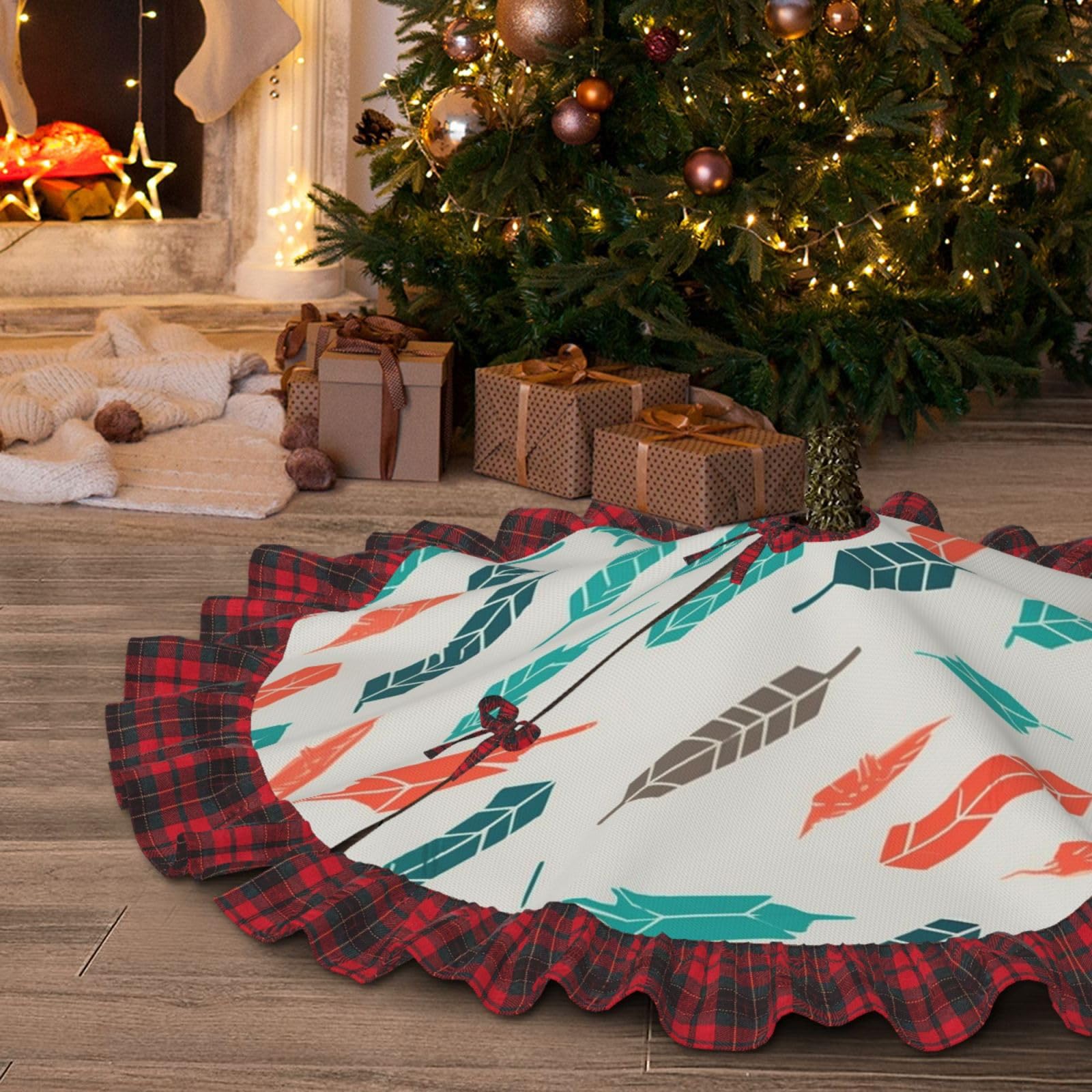 Jupe de sapin de Noël bohème flèches corail et bleu déco rustique chic