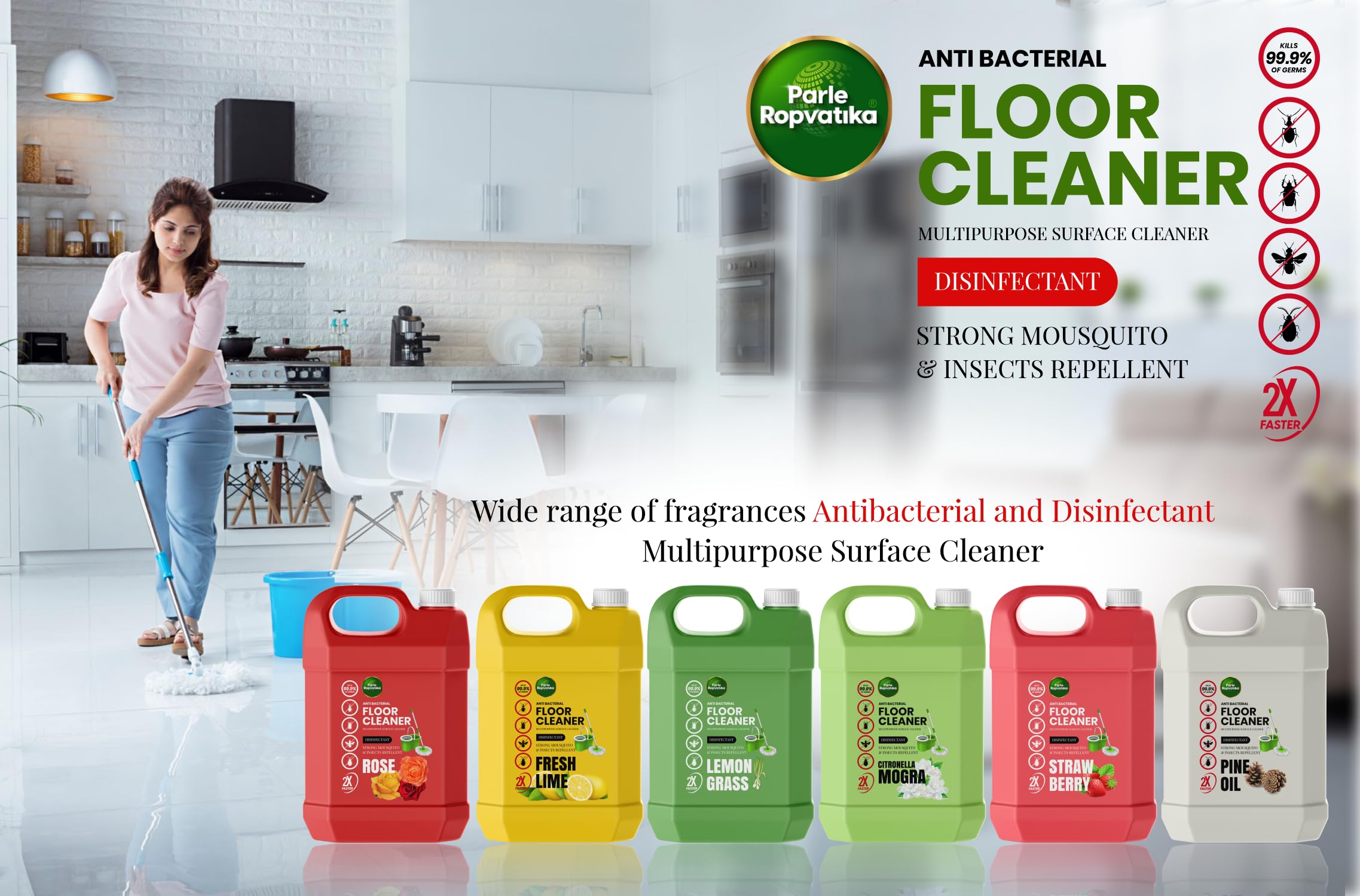 Parle Ropvatika Floor Cleaner 5 Liter Phenyle Liquid Long Lasting Fragrance | Removal Stains Clean Floors Ideal for Hospitals, Homes, Offices | Anti Bacterial Protection Cleaner (Lemon 5 Liter)