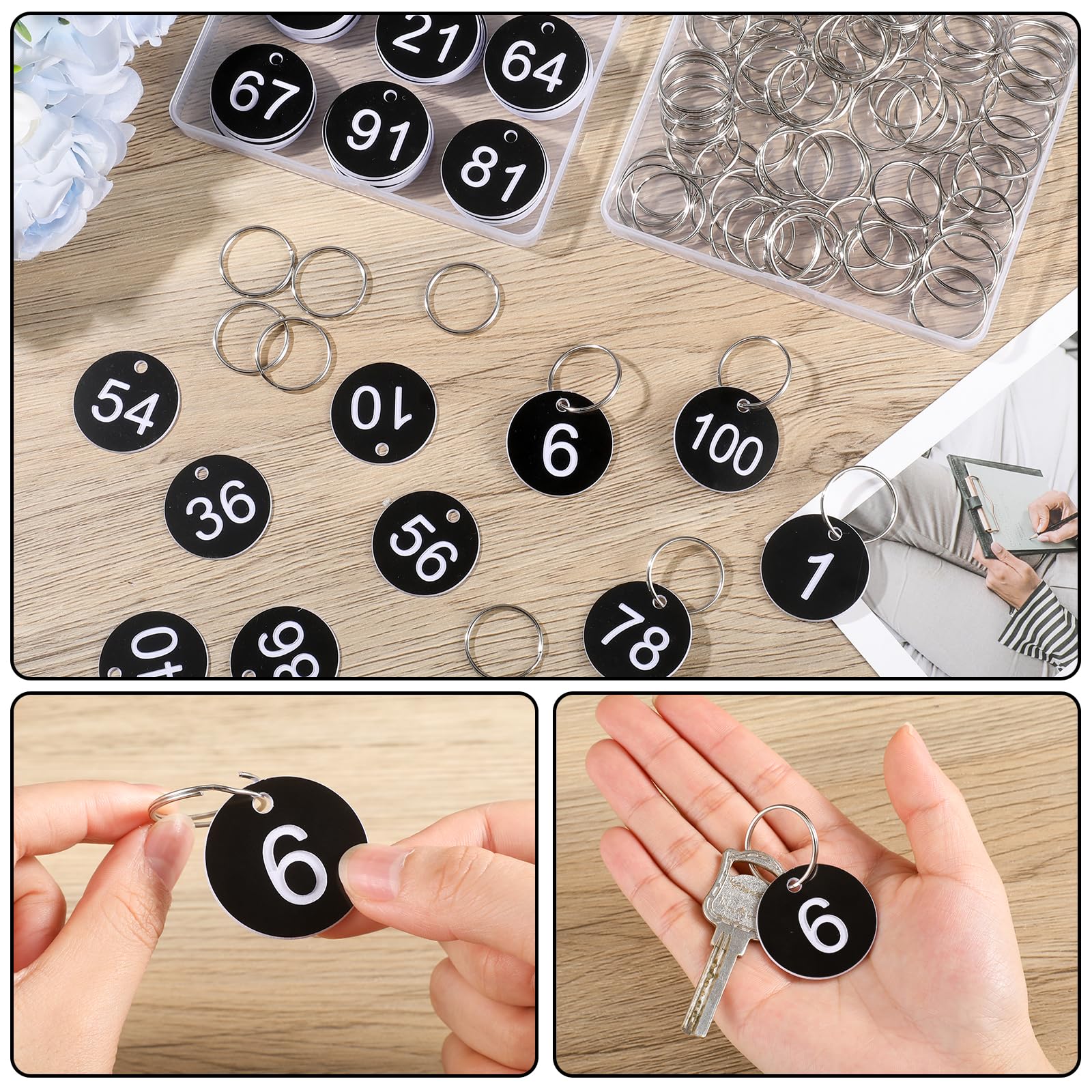 Sinmoe Targhette Portachiavi Numerate da 1 a 100 con Anelli per Chiavi Targhette con Numeri Portachiavi con Etichette Numeriche per Armadietti Guardaroba per Bar Ristoranti Hotel albergo(Nero)